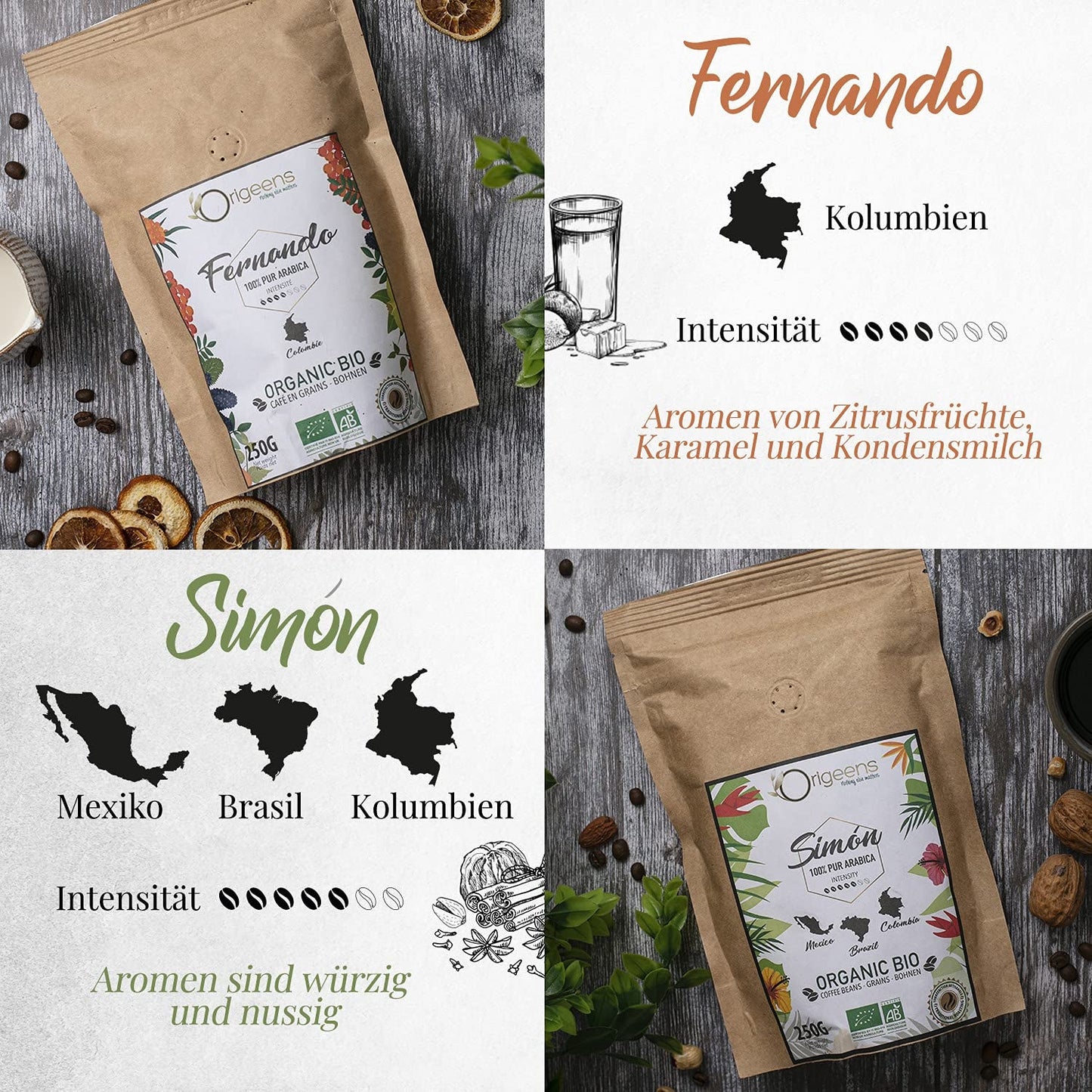 ORIGEENS Bio Kaffeebohnen Probierset 1kg | Premium Bio Arabica Kaffee Ganze Bohnen Set 4x250g | Traditionele Röstung | Kaffee Geschenkset