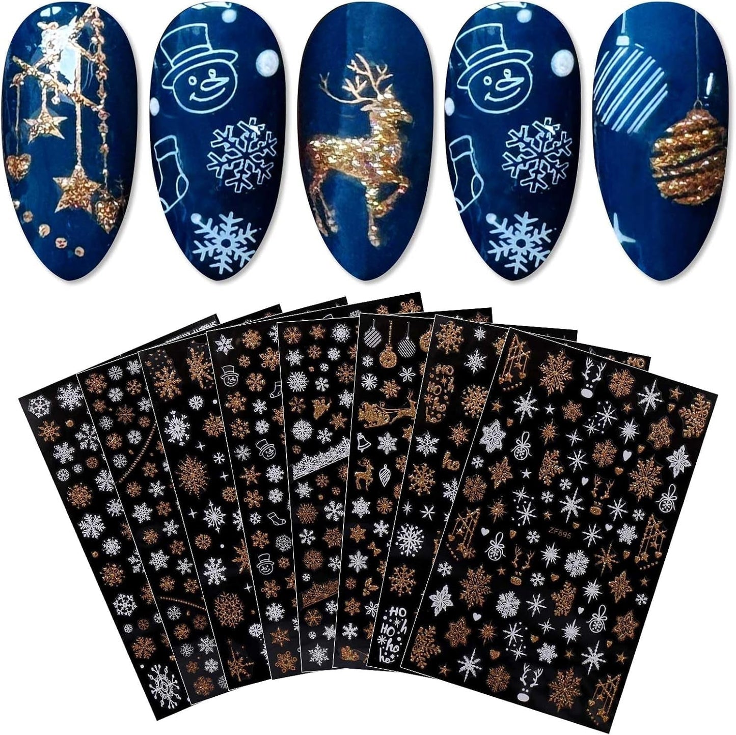 JMEOWIO Nagelsticker Weihnachten 8 Blatt Nagelaufkleber Selbstklebend Weiße Schneeflocken Winter Nail Art Sticker Decoratie Nageldesign Zubehör