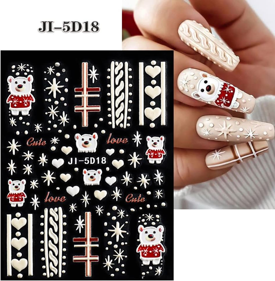 5 Blatt 3D Nagelsticker Weihnachten Nagelaufkleber 5D Stereoskopisch Selbstklebend Schneeflocke-Weihnachtswinterurlaub Nail Art Sticker Decoratie Nageldesign Zubehör