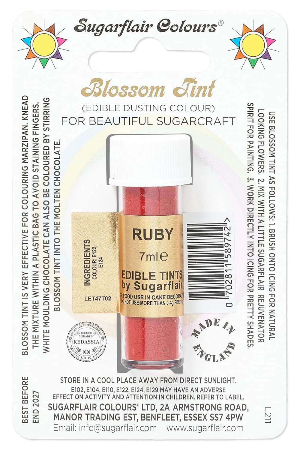 Kleurstofpoeder Sugarflair Blossom Tint Dusting Ruby - Kleurstofpoeder voor het decoreren van gekleurde suikerpasta, fondant, glazuur, chocolade, botercrème, bitterkoekjes - 7 ml