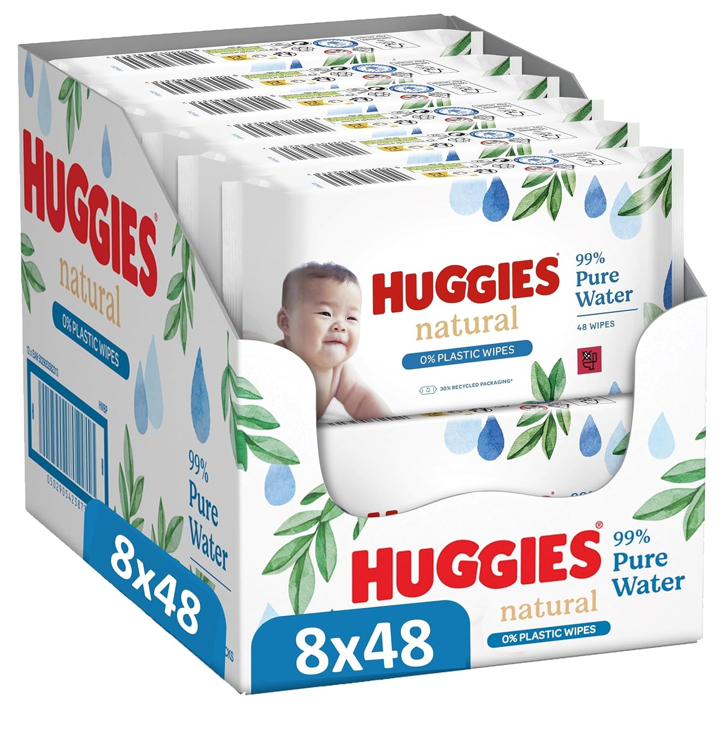 Huggies natuurlijk biologisch afbreekbare vochtige doekjes voor gevoelige baby's, 8 x 48 doekjes, bulkverpakking