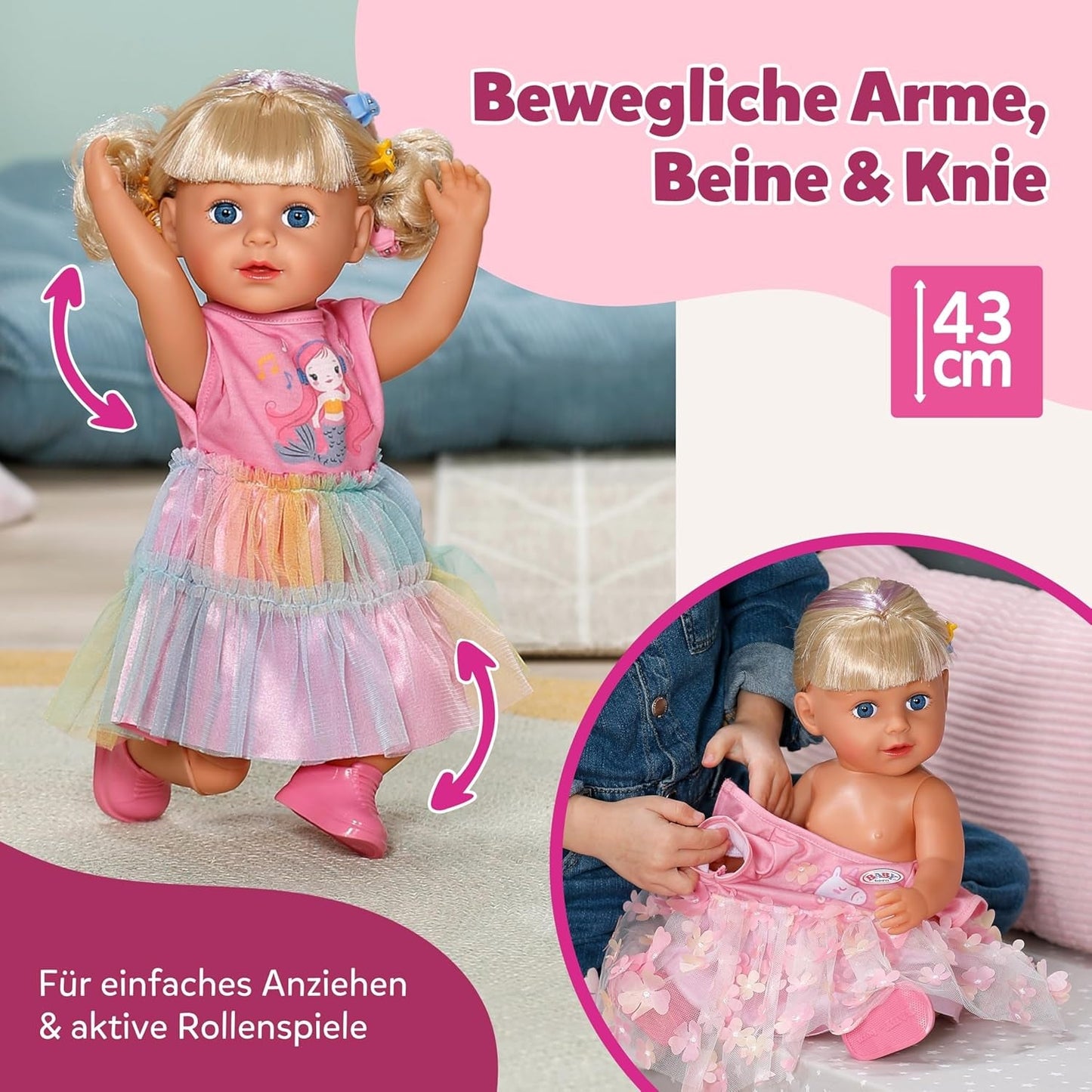 BABY born Carla - pop 43 cm - hoge kwaliteit blond haar met lokken - geen batterijen nodig - geschikt voor kinderen vanaf 4 jaar - inclusief 7 accessoires, roze