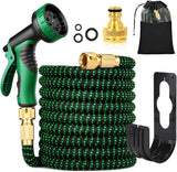 30 m/100 ft groene flexibele tuinslang met sproeikop en 3/4" en 1/2" messing connectoren 10 functies 3-voudig uitschuifbaar, geen knik, uitschuifbare waterslang voor tuinvloer, terrasauto