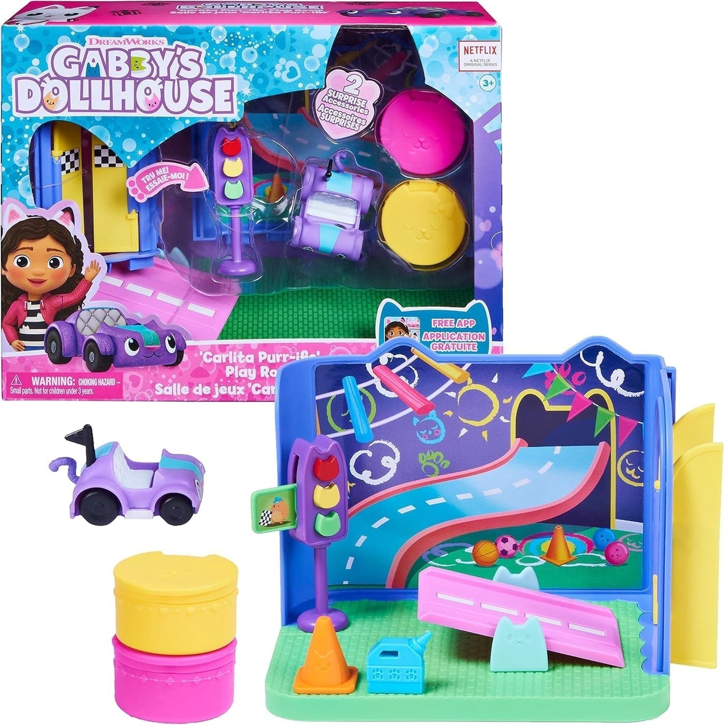 Gabby's poppenhuis Deluxe kamer, spinnende speelkamer, speelkamer met Carlita speelgoedauto, 2 meubelstukken en 2 verrassingsdozen met accessoires, geschikt voor kinderen vanaf 3 jaar Naty Shop poppenhuizen Veelkleurig