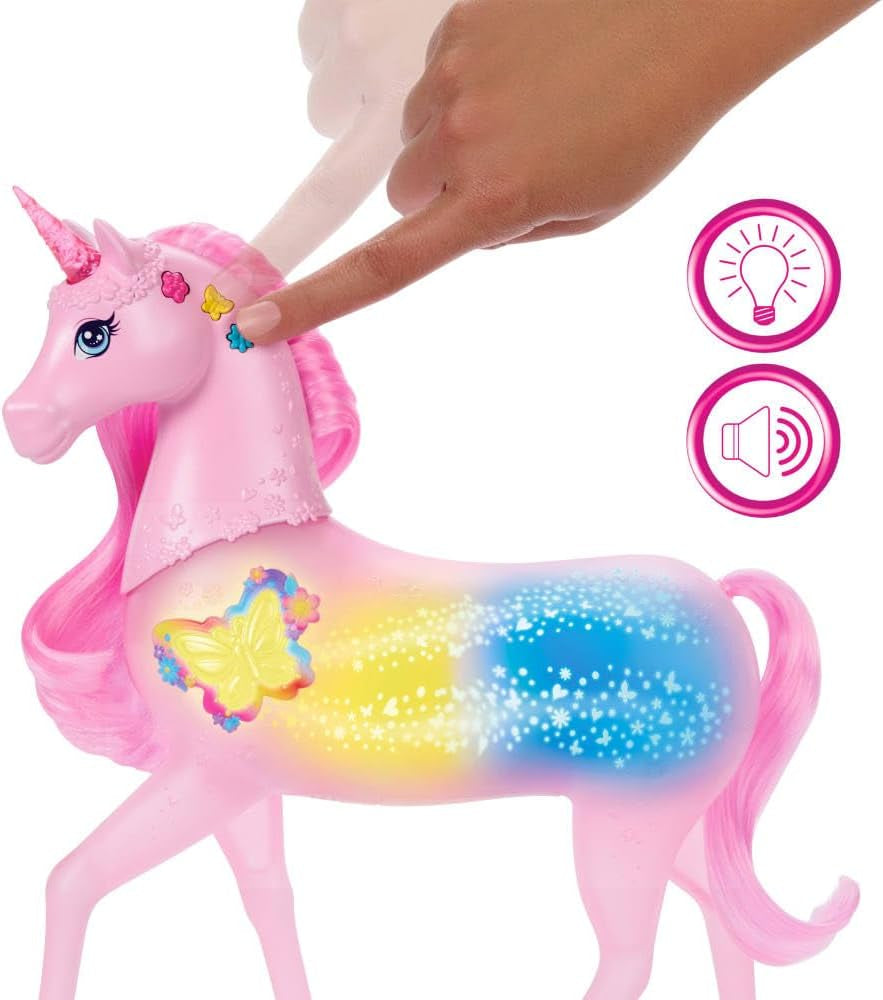 Barbie glow-in-the-dark eenhoorn met 20 interactieve combinaties van licht-, geluids- en muziekeffecten voor spel met drukknoppen en hoofdstreling, JCP78
