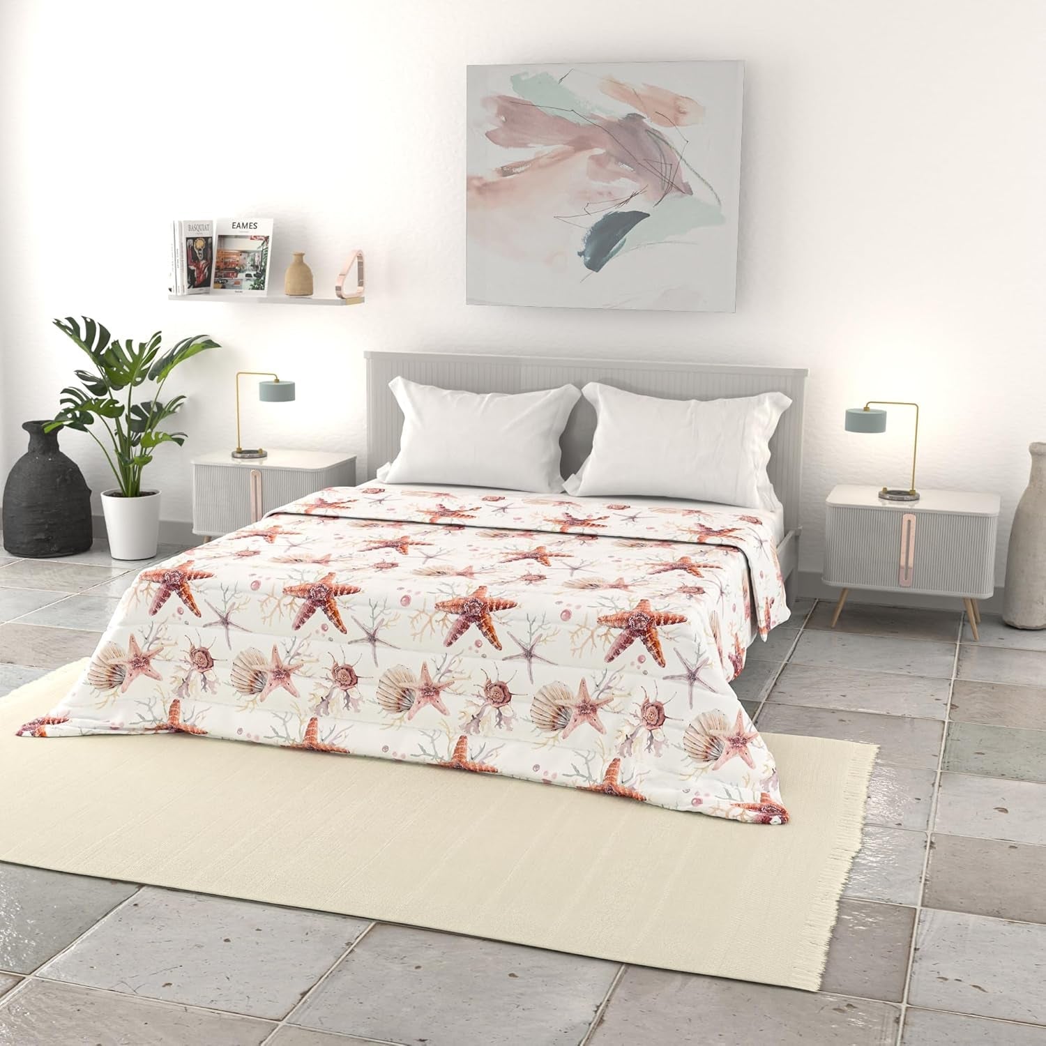 Italiaans beddengoed basic zomerdekbed, bedrukte microvezel, 250X240Cm, cirkel Quilts en quilts Naty Shop Starfish 250X240Cm