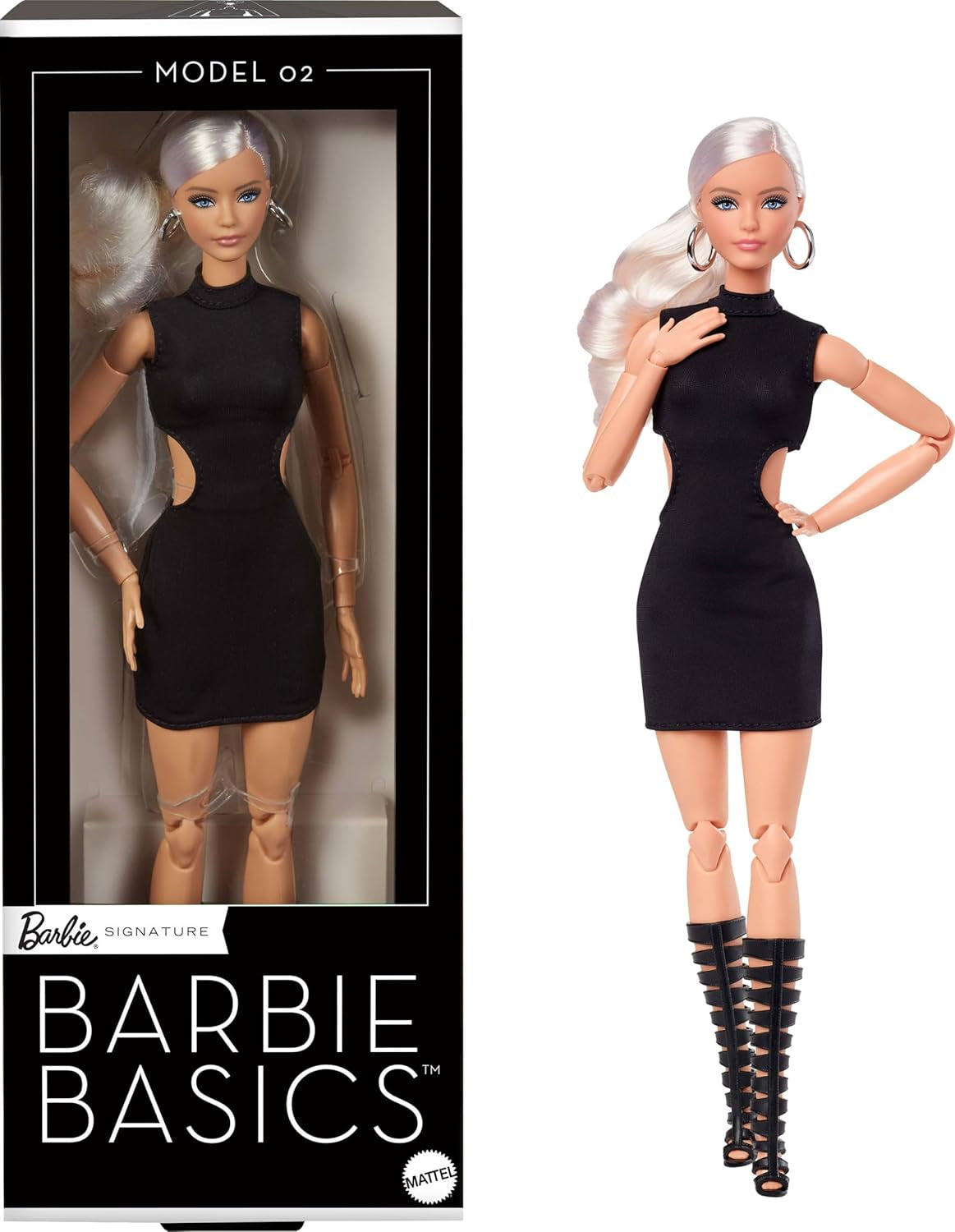 Barbie Basics Model 2 verzamelpop met blond haar, zwarte mini-jurk en gladiatorlaarzen, universele pasvorm, beweegbaar lichaam en verwisselbaar hoofd, JBH71 Naty Shop-poppen Standaardtitel