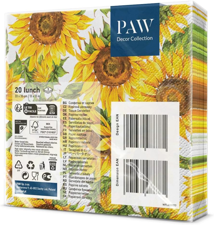 PAW - 3-laags servetten (33 x 33 cm) I 20 stuks I Perfect voor verjaardagen, feesten, dates I Herfsttafeldecoraties I Kleurrijke papieren servetten - Zonnebloemgele bloemblaadjes I Dansende zonnebloem
