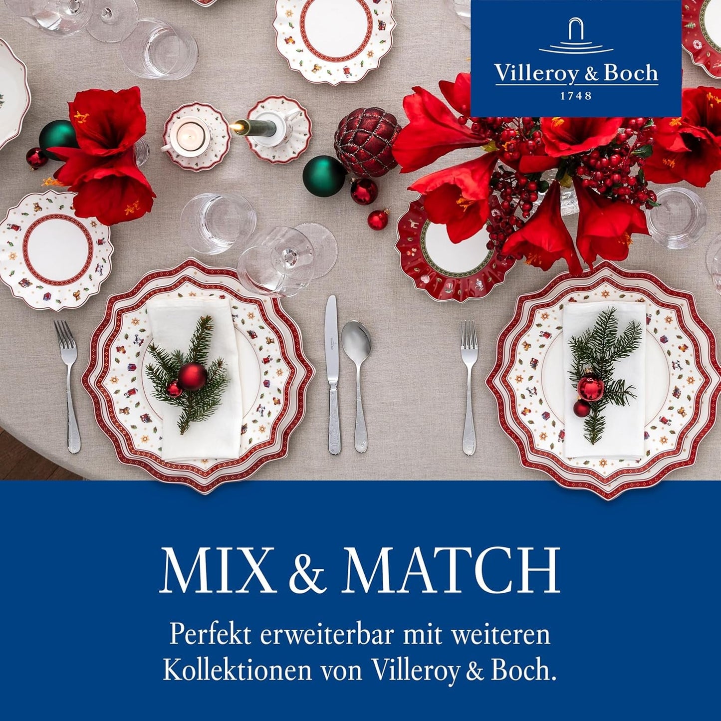 Villeroy & Boch - Toy's Delight ontbijtset voor 2 personen, locomotiefontwerp, 6-delig, kleurrijk, Kerstmis, serviesset met borden, kopjes en schalen voor ontbijt, kerstservies, premium porselein