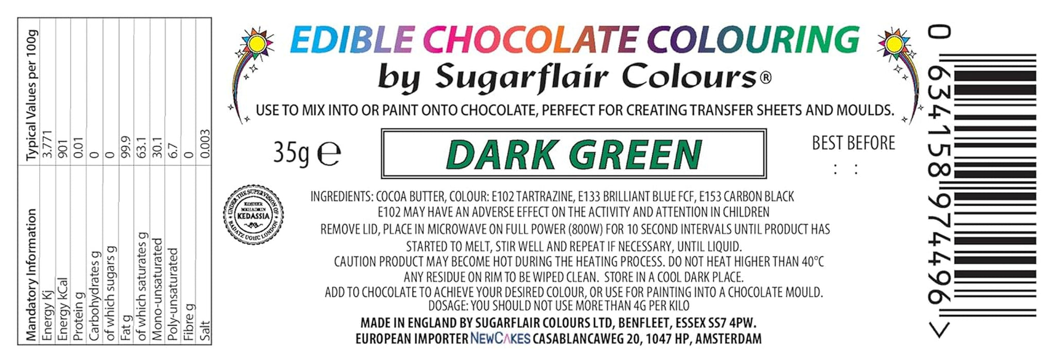 Voedingskleurstof Sugarflair Chocolate Voedingskleurstof voor donkergroene chocolade - Gekleurde biologische cacaoboter, chocoladekleuring voor het kleuren van chocolade, pralines - 35g