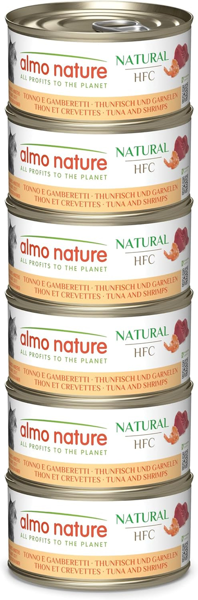 Almo Nature HFC Natural - Natvoer voor volwassen katten - Tonijn en Garnalen - Menselijke kwaliteit, Glutenvrij - 6 x 70g