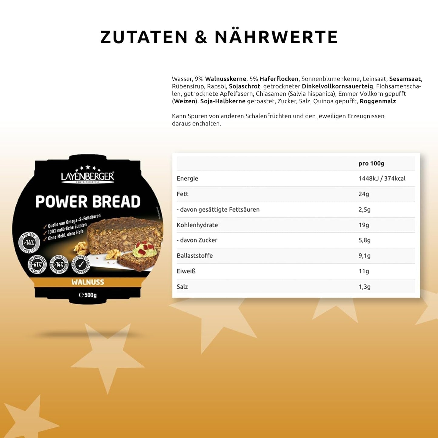 Layenberger Prower Brood Walnoot, Eiweiß- Und Ballaststoffquelle, Ohne Konservierungsmittel, Ohne Hefe, Ohne Mehl, Mit 14G Protein Pro 100G, (1 X 500G) Mengsel voor bakken en koken Naty Shop