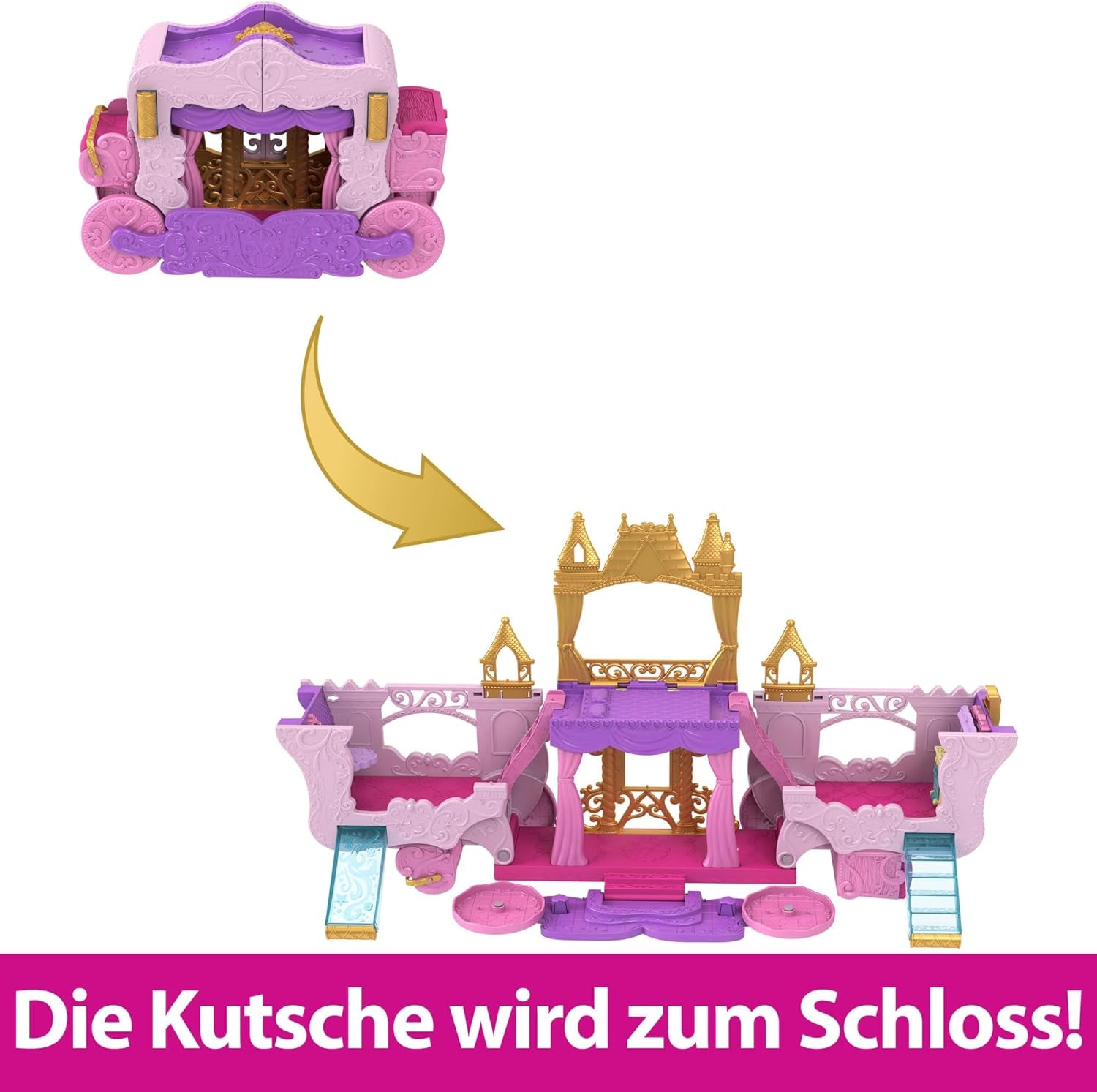 Mattel Disney Princess transformatiespeelset Koets naar kasteel met Aurora minipop, 3 niveaus, 6 speelplekken, 4 figuren, meubels en accessoires HWX17