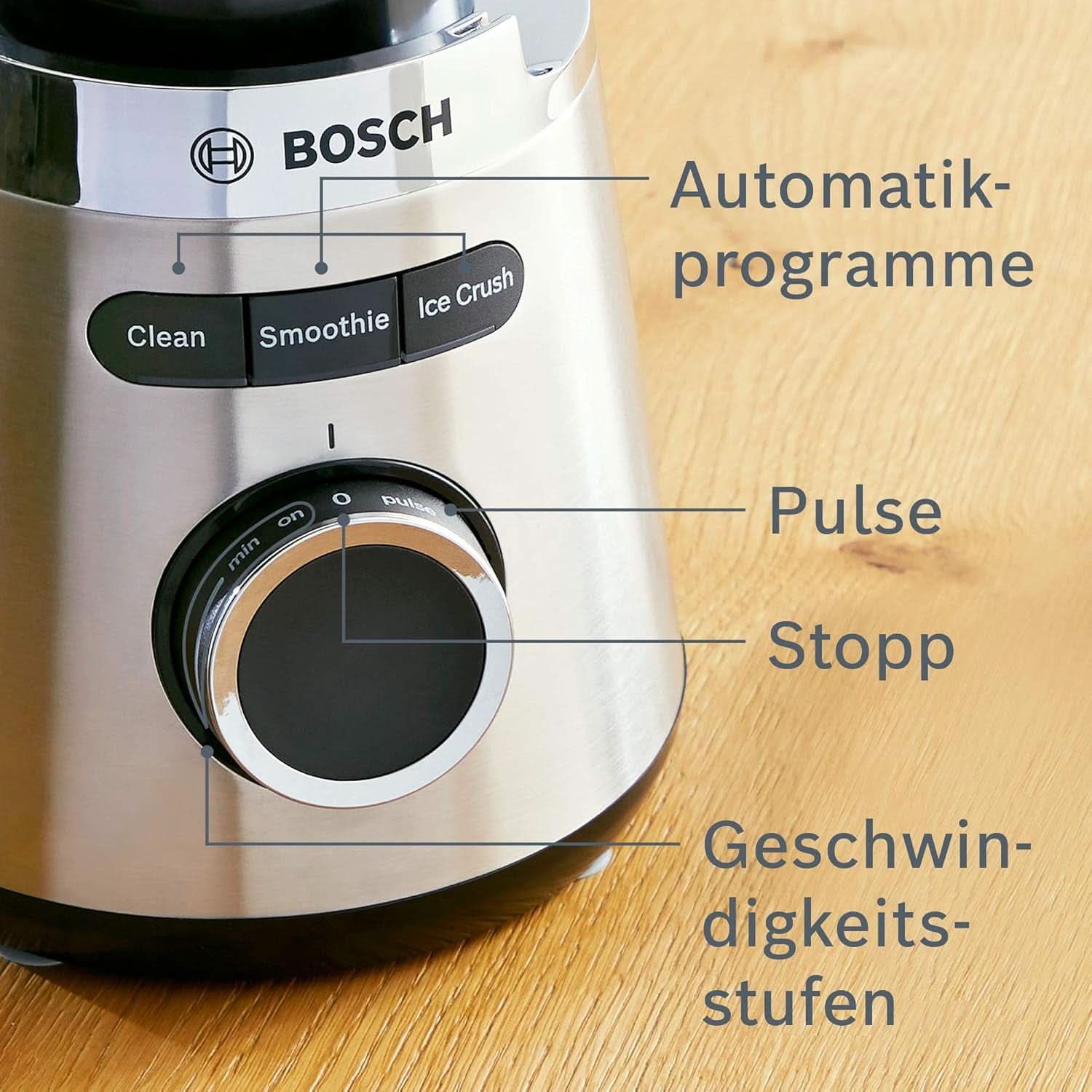 Bosch Standmixer Vitapower Serie 4 MMB6382M, Edelstahl-Klingen Made in Germany, 1,5L Thermosafe Glasbehälter, Stopfer, Sicherheitsdeckel, Spülmaschinengeeignete Teile, 30.000 U/Min, 1200 W, Edelstahl Kitchen Naty Shop