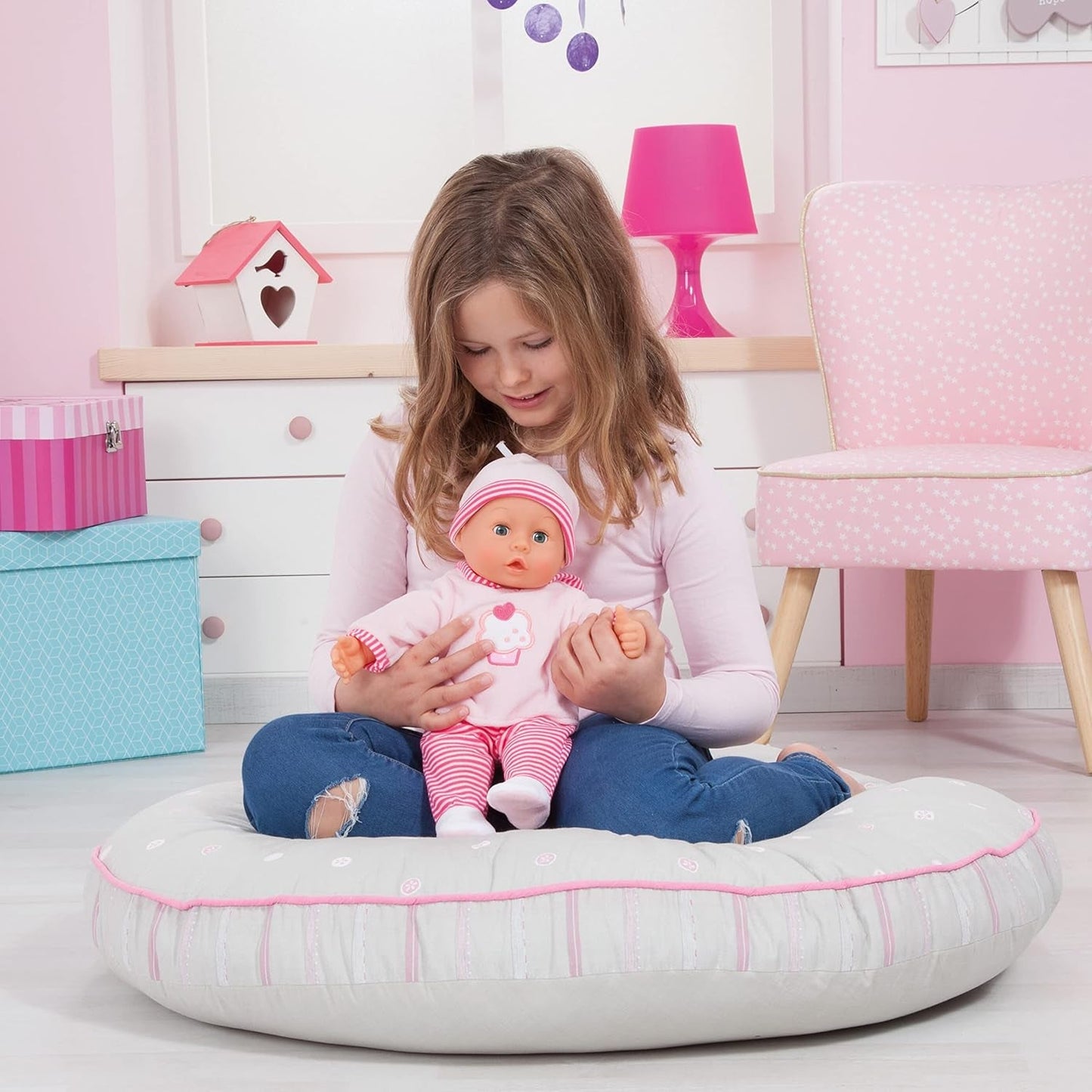 Babypuppe Eerste Woorden met Schlafaugen, spricht 24 Babylaute, met Schnuller en Flasche, 38 cm, Rosa/Streifen