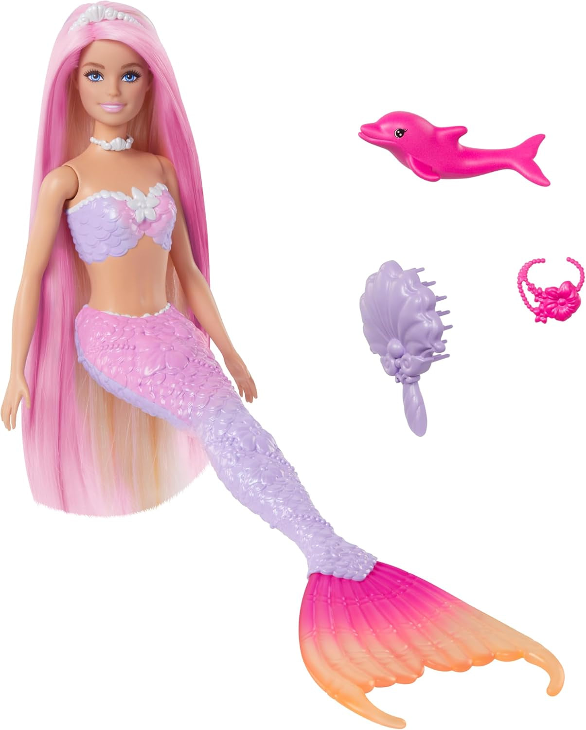BARBIE Zeemeerminpop - Geïnspireerd door de tv-serie "Barbie: Hidden Magic" met kleurveranderingseffect en accessoires, 19 cm lang roze haar voor styling, voor kinderen vanaf 3 jaar, HRP97