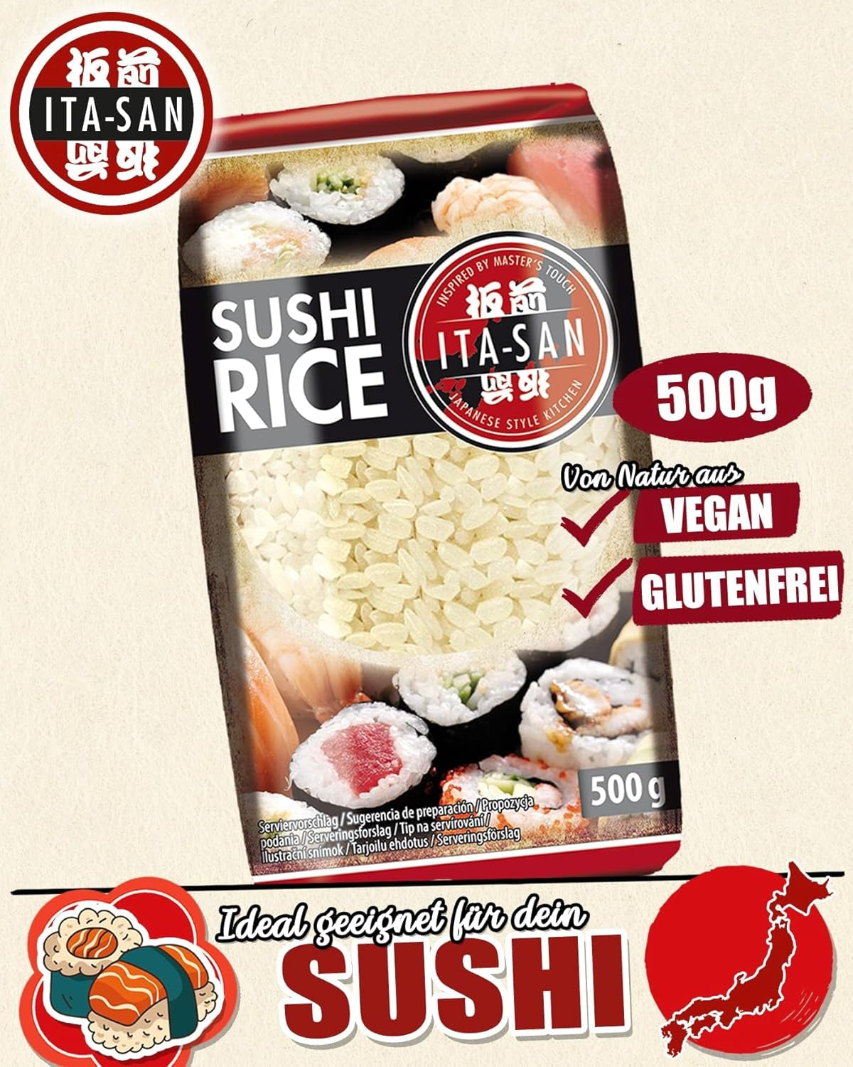 ITA-SAN Sushirijst, rondkorrelige, topkwaliteit, 100% pure variëteit, snelle en gemakkelijke bereiding, veganistisch, halal, glutenvrij (1 x 500 g)