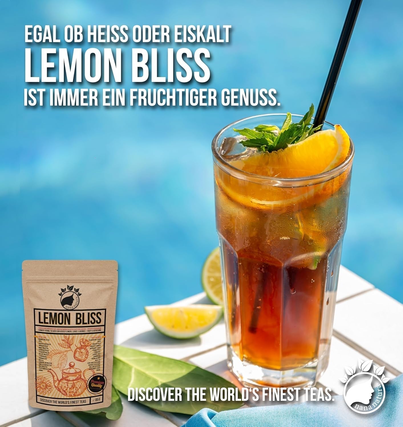 Nananatura'S Originele CITROEN BLISS THEE 85G | Fruitige en verfrissende zomerkruidenthee | Als koude thee, ijsthee of klassiek heet | Met bloemen, bladeren en zongerijpte bessen | Geen suiker