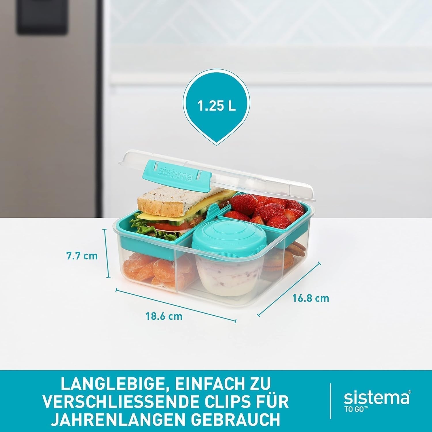 Bento Box TO GO lunchboxsysteem met vakken | Lunchbox van 1,25 L met yoghurt-/fruitcontainer | voor kinderen en volwassenen l | BPA-vrij Minty Teal [21685-8T], mintgroen Naty Shop voedselbewaardozen