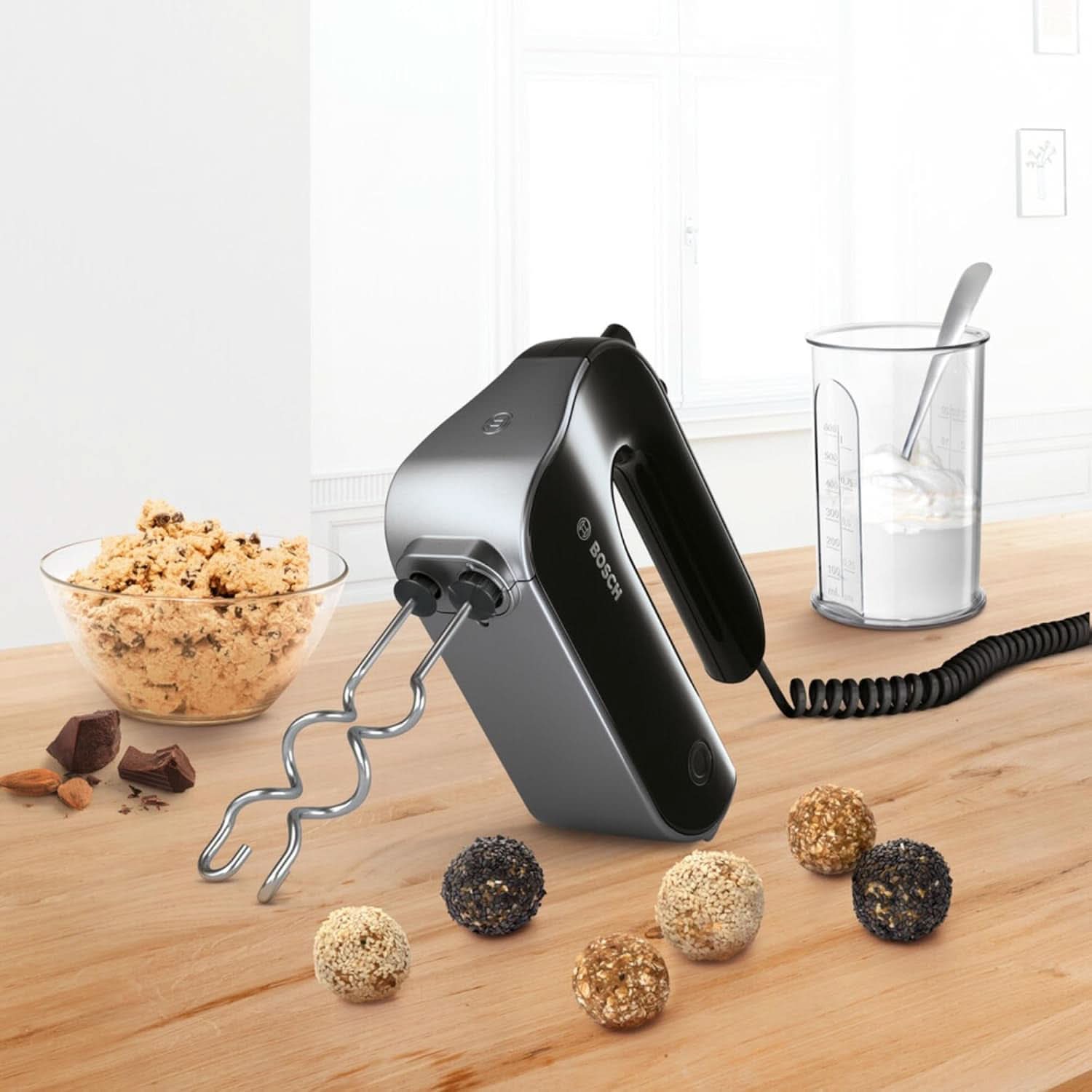 Bosch Handrührer Home Professional Styline MFQ4980B, 5 Stufen, 2 Edelstahl Rührbesen- en Knethaken, Mixstab Edelstahl, Universalzerkleinerer, 850 W, Zwart/Donkerzilver Keuken Naty Shop