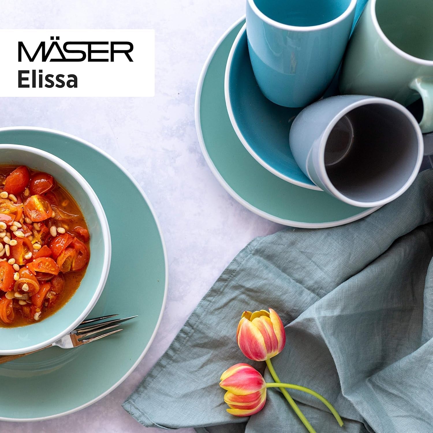MÄSER 931844 Elissa-serie moderne serviesset voor 6 personen, blauw met witte rand, 24-delige combinatieset, keramiek