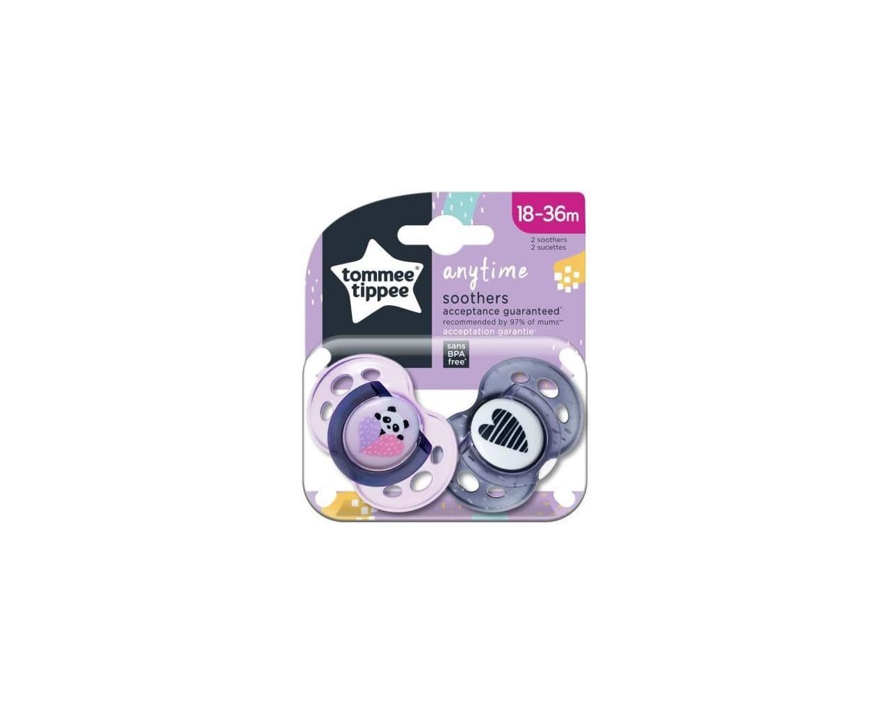 Tommee Tippee Anytime-fopspeen, symmetrische orthodontische vorm, BPA-vrije siliconen, 18-36 maanden, 2-pack, veelkleurig
