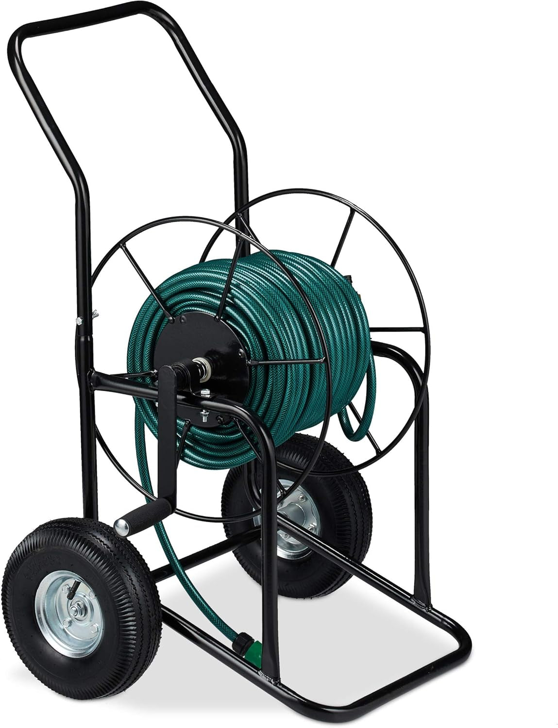Relaxdays slangenwagen, mobiele slanghaspel, 1/2" en 3/4" aansluiting, slang tot 80 m, 2 wielen, metaal, zwart