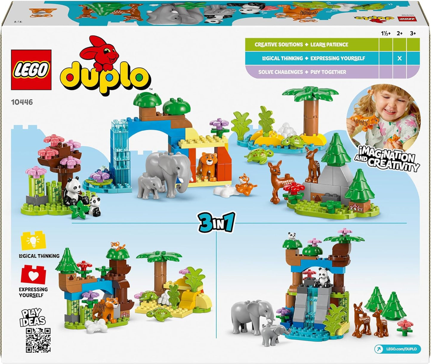 LEGO DUPLO Stad wilde dierenfamilies 3-in-1 set, educatief speelgoed voor peuters met schildpadden, tijgers, olifanten, herten, panda's, set voor kleuters vanaf 2 jaar, bouwspeelgoed met dierenfiguren 10446 Bouwsets Beuche den LEGO-Store