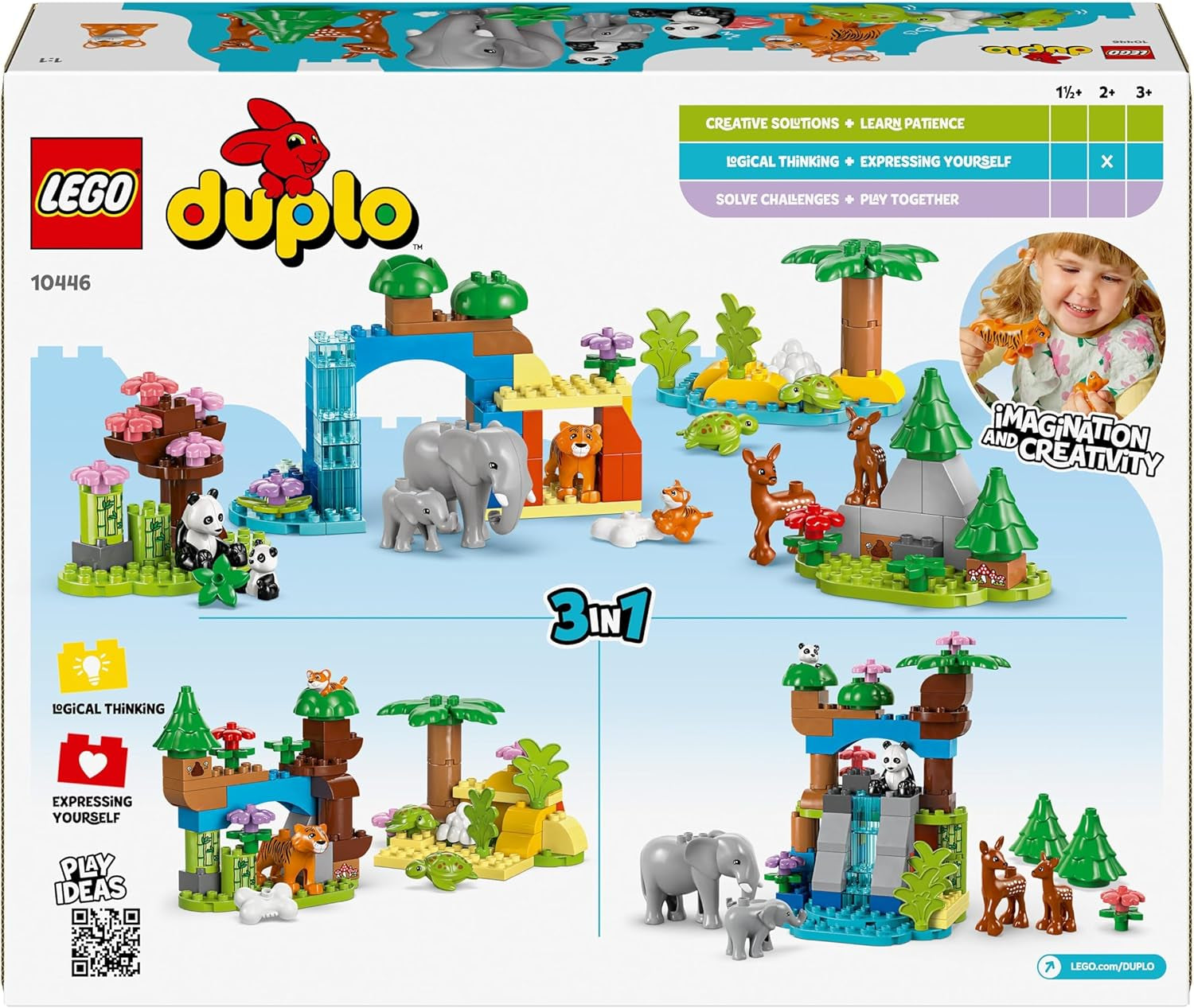 LEGO DUPLO Stad wilde dierenfamilies 3-in-1 set, educatief speelgoed voor peuters met schildpadden, tijgers, olifanten, herten, panda's, set voor kleuters vanaf 2 jaar, bouwspeelgoed met dierenfiguren 10446 Bouwsets Beuche den LEGO-Store