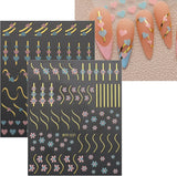 JMEOWIO Nagelsticker Herz Linien Blumen 9 Blatt Nail Art Sticker Selbstklebend Nagelaufkleber Bunte Decoratie Nageldesign Zubehör