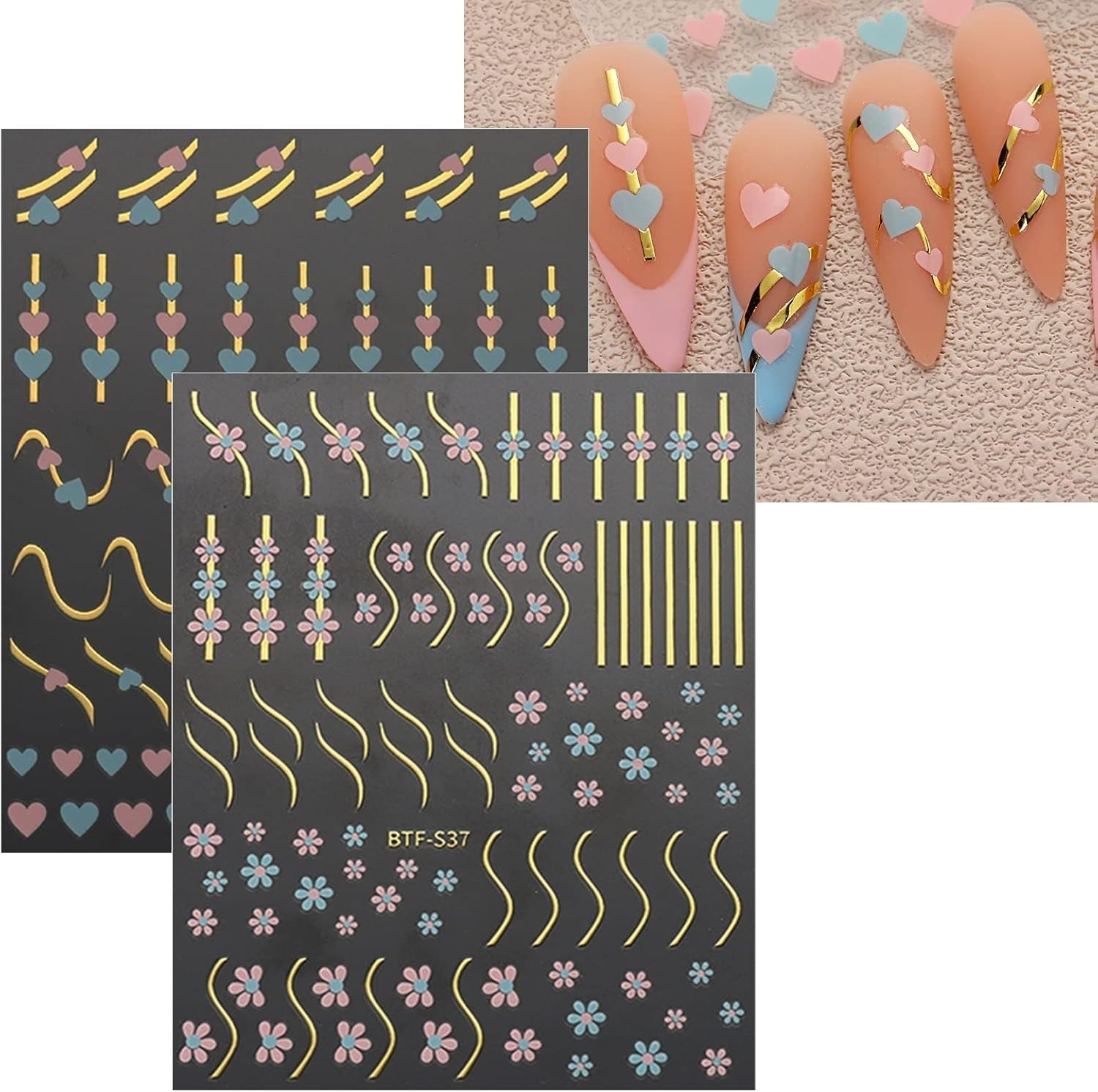 JMEOWIO Nagelsticker Herz Linien Blumen 9 Blatt Nail Art Sticker Selbstklebend Nagelaufkleber Bunte Decoratie Nageldesign Zubehör
