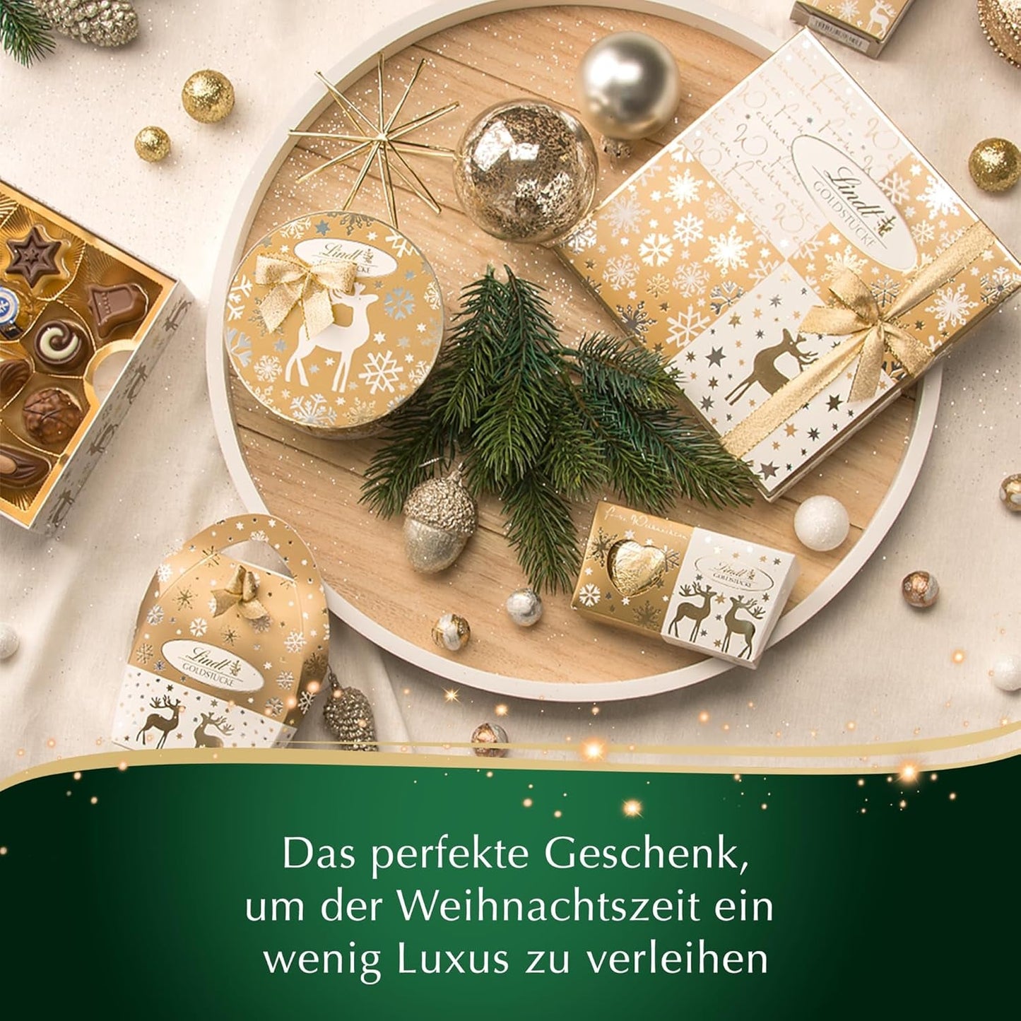 Lindt-chocolade | Doosje Gold Pieces pralines | 180g | 18 pralines in 10 assortimenten als fijn assortiment pralines, sommige met alcohol | Premium geschenkdoos met kerstpralines