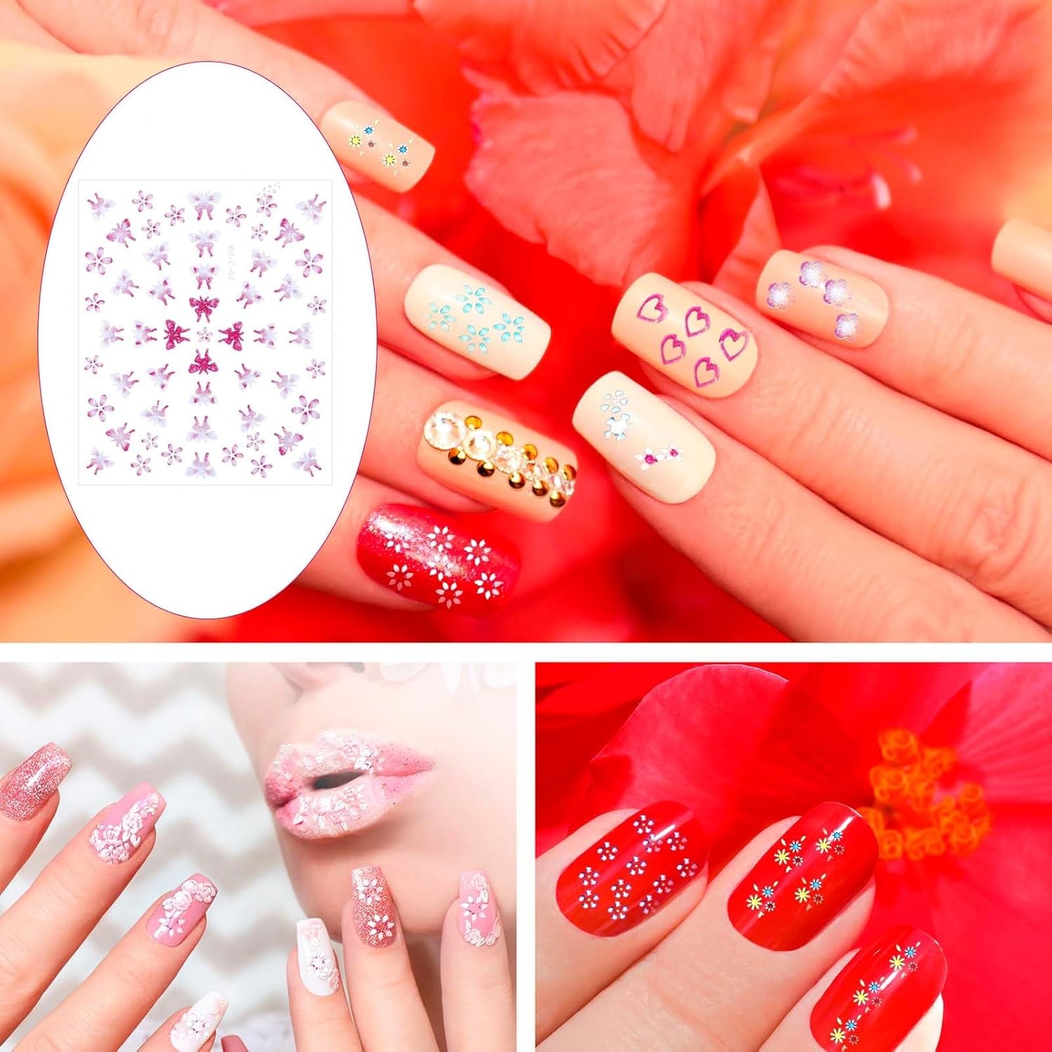3D Nagelsticker 30 Blatt Nagelsticker Selbstklebend Blumen Blumenherzform Nageldesign Nagelsticker Nageldesign Zubehör Nagelaufkleber Für DIY Decoraties, Maniküre, Handyhüllen