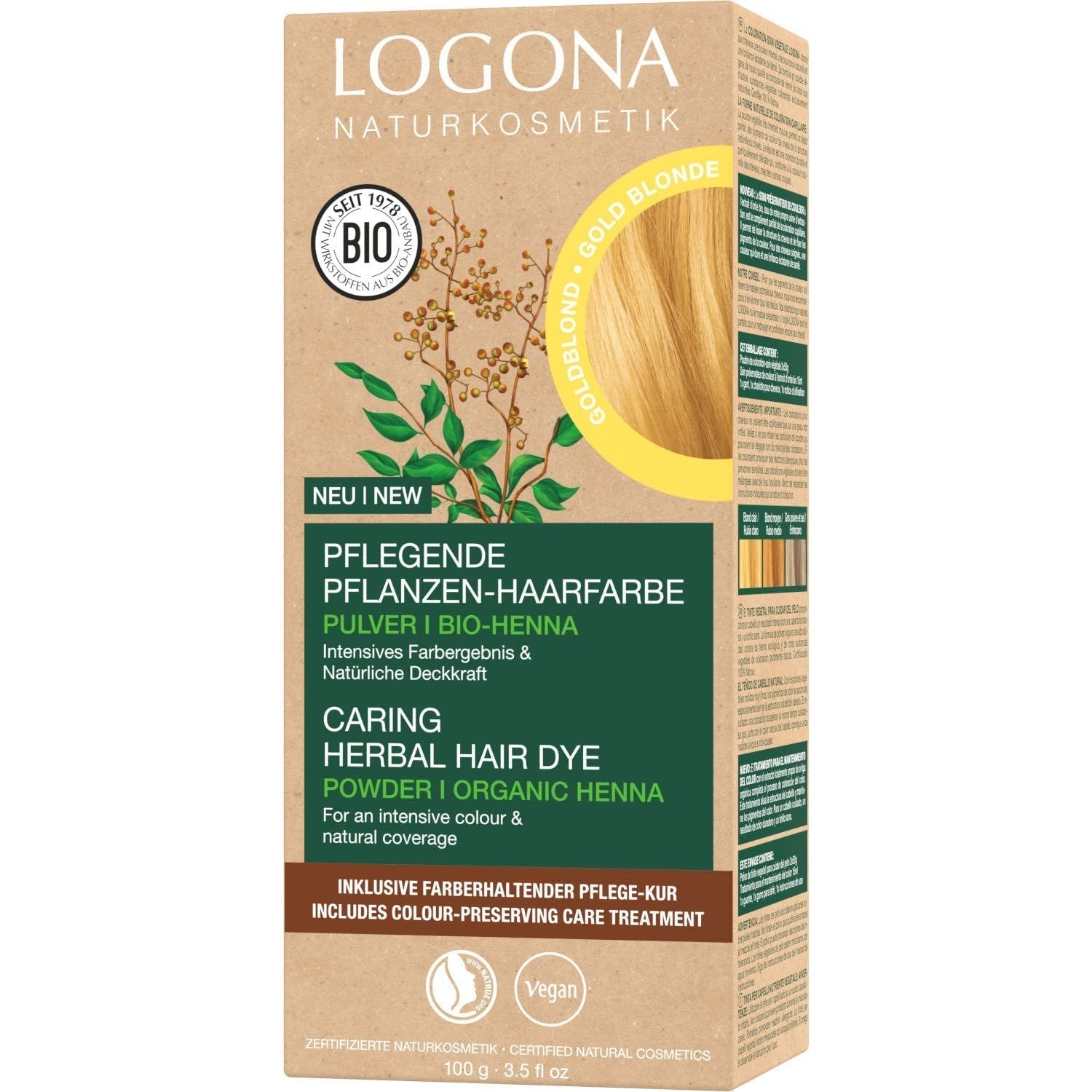 LOGONA Natural Cosmetics Kruiden voedende haarverf, biologische hennapoeder Veganistische haarverf voor intense kleur en glans, Kruidenhaarverf in koperblond (blond), 1 x 100 g Naty Shop Goudblonde haarverf 100G (1 verpakking)
