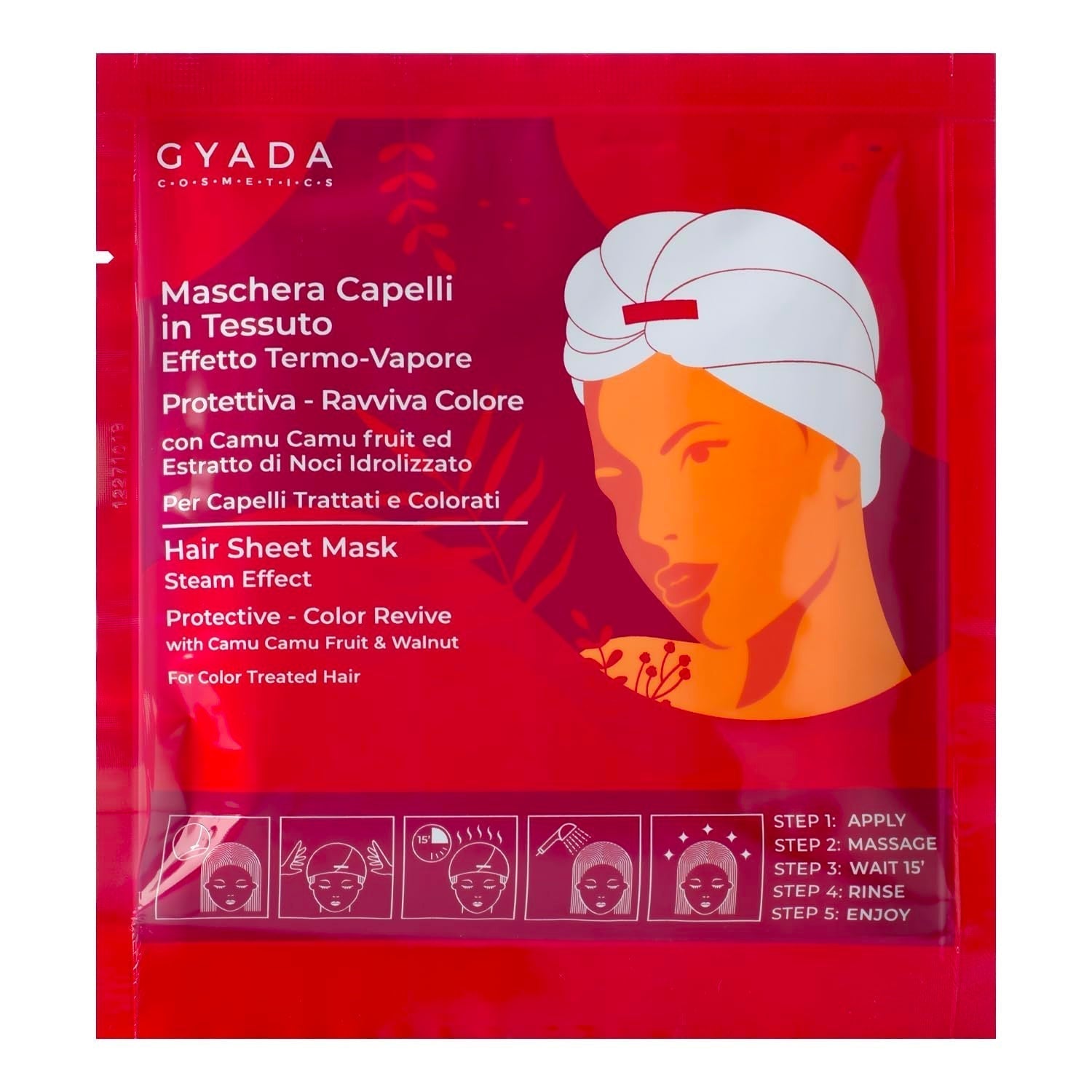 GYADA COSMETICS Textiel haarmasker voor kleurbescherming en verfrissend glanseffect Thermische kap Kamille Macadamia-olie en panthenol 60 ml Naty Shop haarmasker 1 stuk (pak van 1) noten
