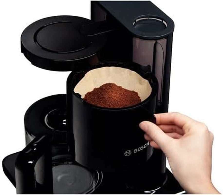 Bosch Styline TKA8013 filter-espressomachine, aromasensor, 1,25 l glazen karaf met aromabehoud, 10-15 kopjes, automatische uitschakeling, ontkalkingssysteem, antidruppelsysteem, roterende filterhouder, 1160 W, zwart