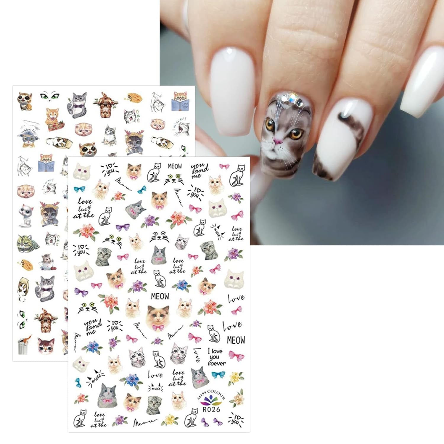 JMEOWIO Nagelsticker Tierische 8 Blatt Nail Art Sticker Selbstklebend Nagelaufkleber Katze Niedlich Decoratie Nageldesign Zubehör