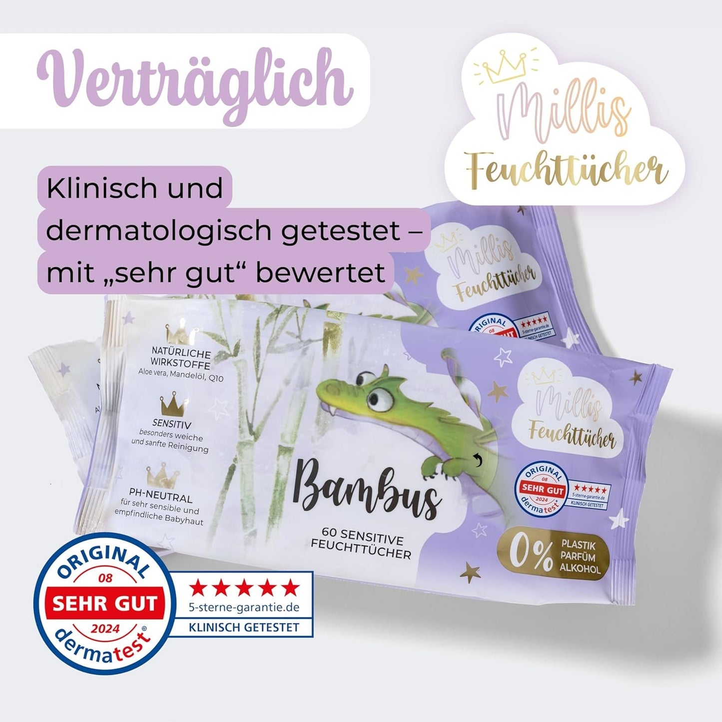 Millis Bamboo Baby Sensitive vochtige doekjes voor de gevoelige babyhuid - 5 x 60 stuks - Natuurlijke, zachte en duurzame reiniging - Biologisch afbreekbare babydoekjes, plasticvrij en alcoholvrij