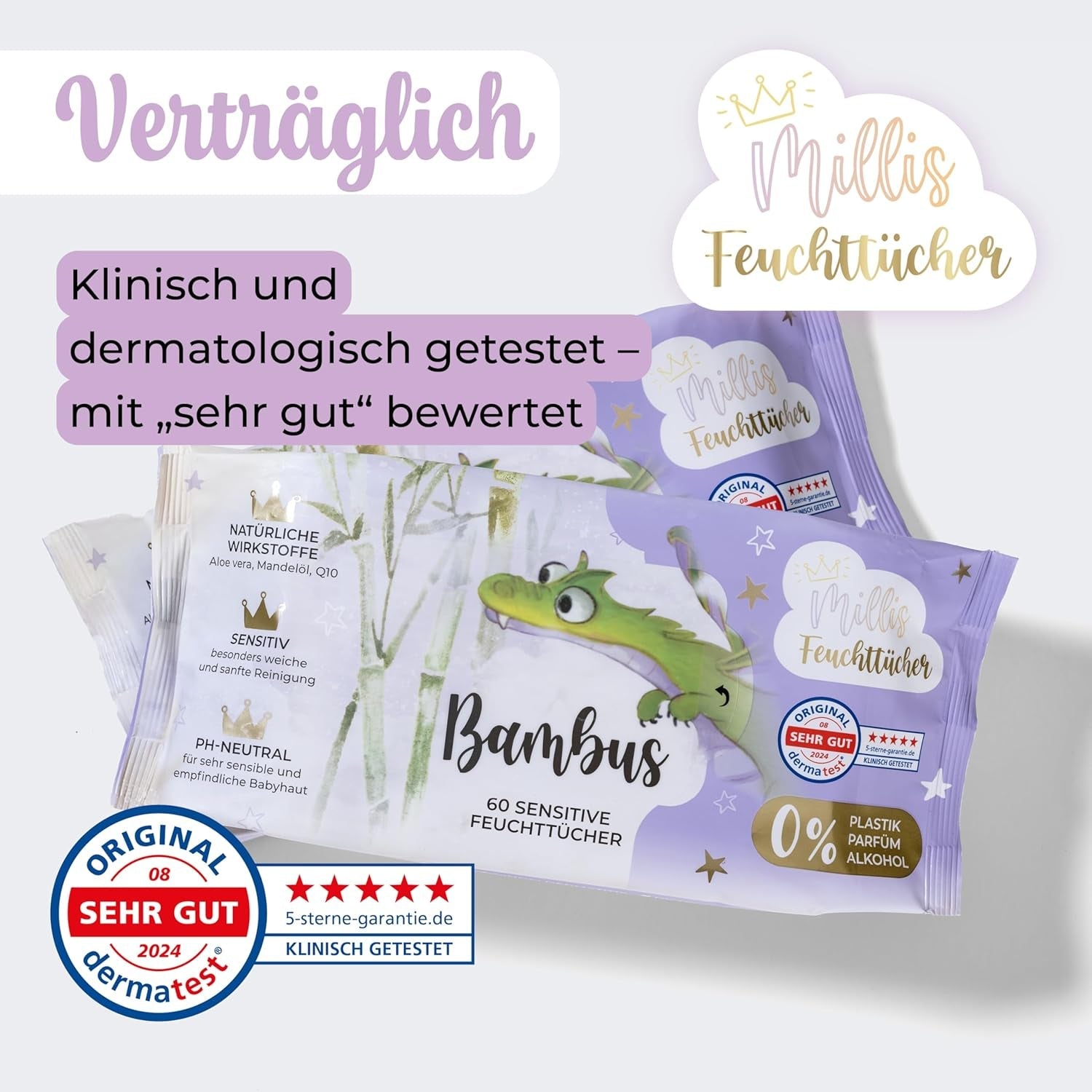 Millis Bamboo Baby Sensitive vochtige doekjes voor de gevoelige babyhuid - 5 x 60 stuks - Natuurlijke, zachte en duurzame reiniging - Biologisch afbreekbare babydoekjes, plasticvrij en alcoholvrij