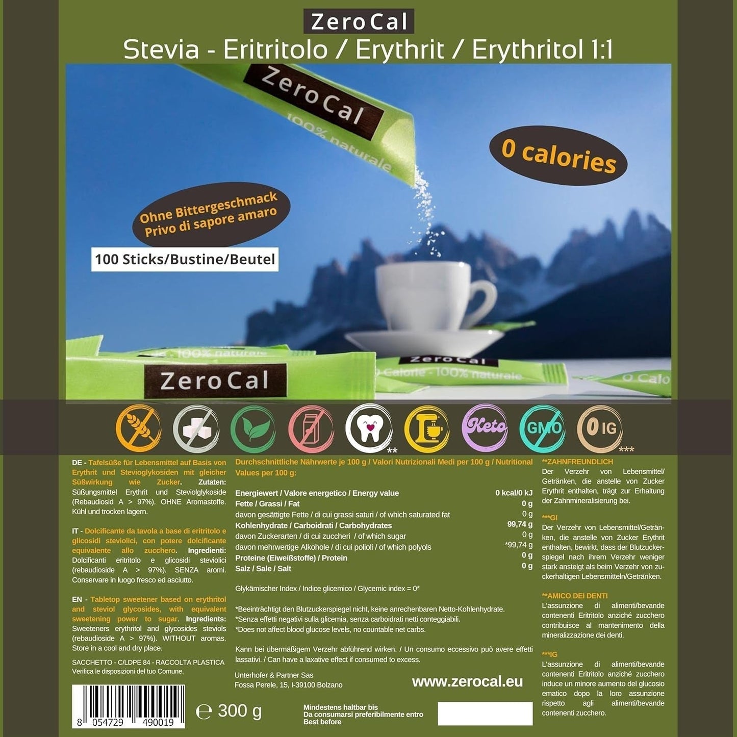 Zerocal - 1:1 (Erythritol + Stevia) 100 Sticks Je 3 G | Ideaal voor het zoeten van koffie, thee en andere dranken Gleiche Süßkraft Von Zucker | Glutenvrij, veganistisch, GMO-vrij | Kalorien en GI = 0 Zoetstoffen Naty Shop