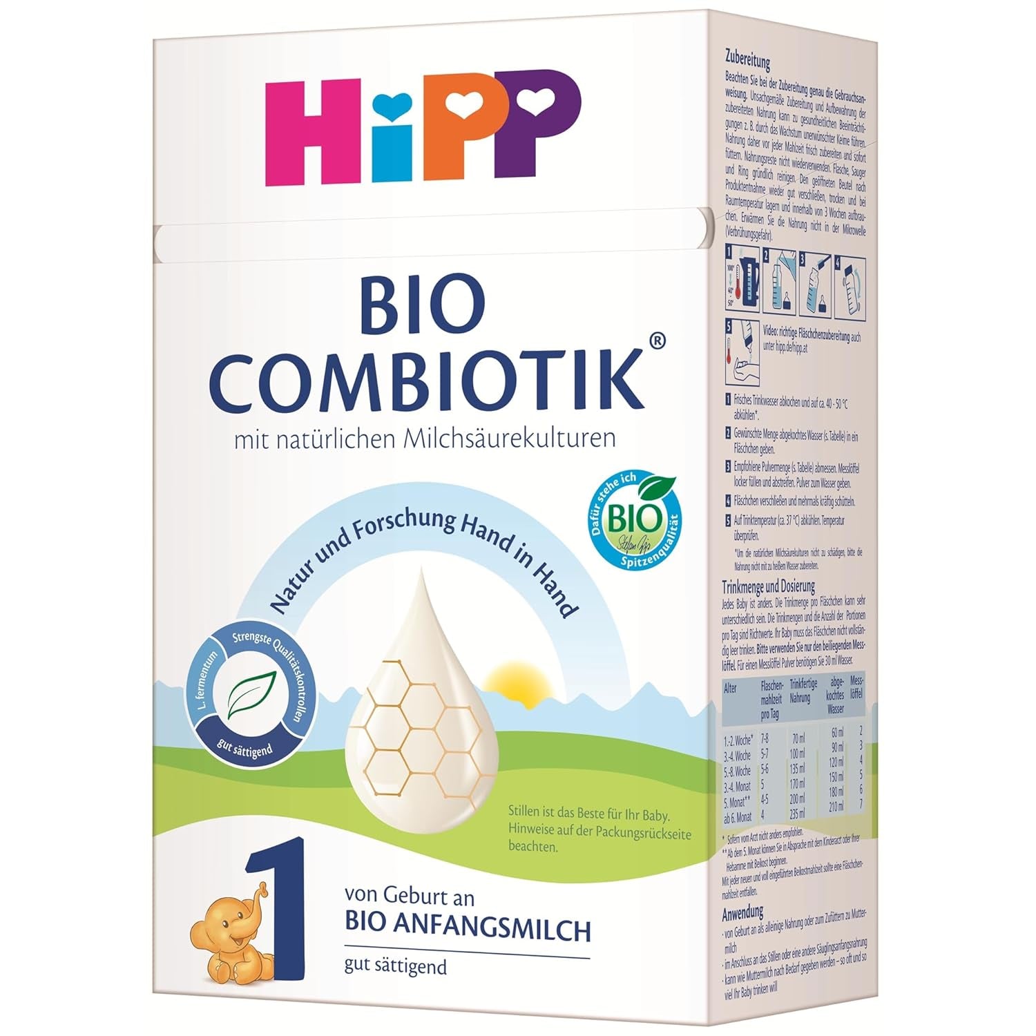 HiPP 1 Biologische Combiotik (4 x 600 g), melkpoederformule voor zuigelingen vanaf de geboorte, met natuurlijke culturen van melkzuur en gemakkelijk te behandelen biologisch zetmeel, van de beste biologische kwaliteit