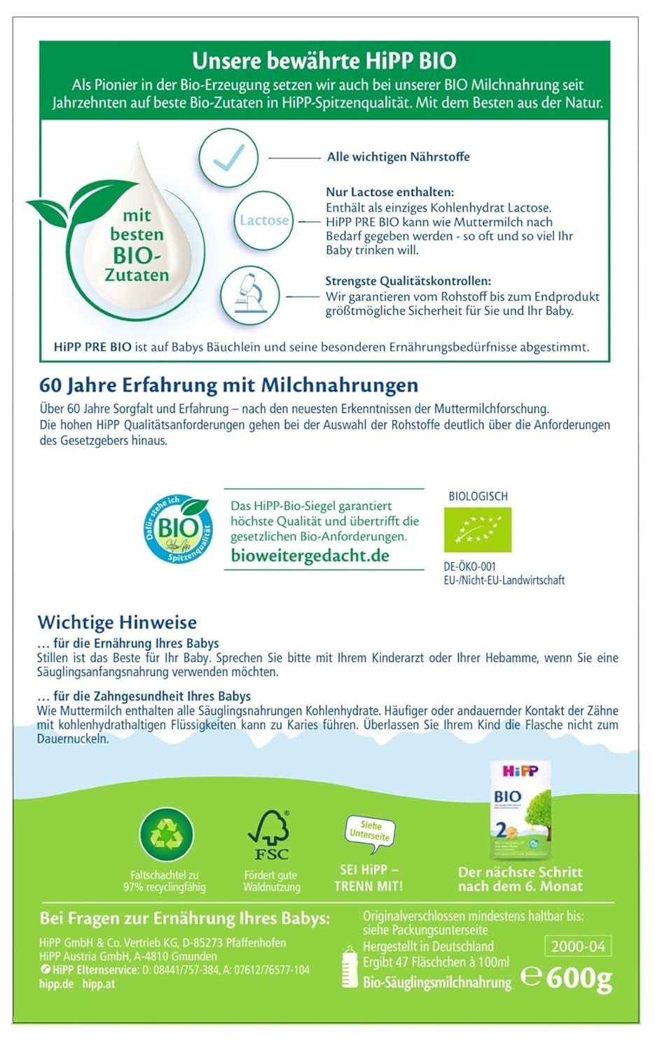 HiPP PRE biologische zuigelingenmelk (4 x 600 g), vanaf de geboorte, bevat uitsluitend lactose als koolhydraat, van de beste biologische kwaliteit