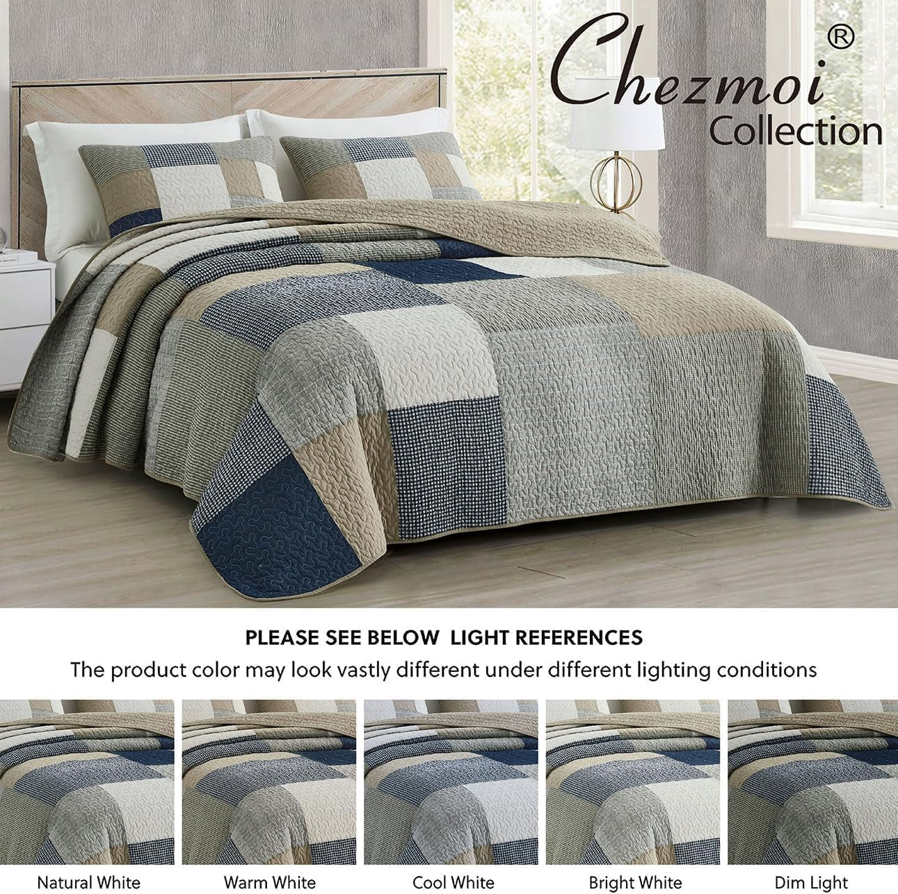 Chezmoi Collectie Addy Patchwork Quiltset Voorgewassen Katoen Lichtgewicht Omkeerbaar Alle seizoenen Oversized 3-delig Marine Wit Grijs Taupe Geruite Quilts & Quilts Naty Shop