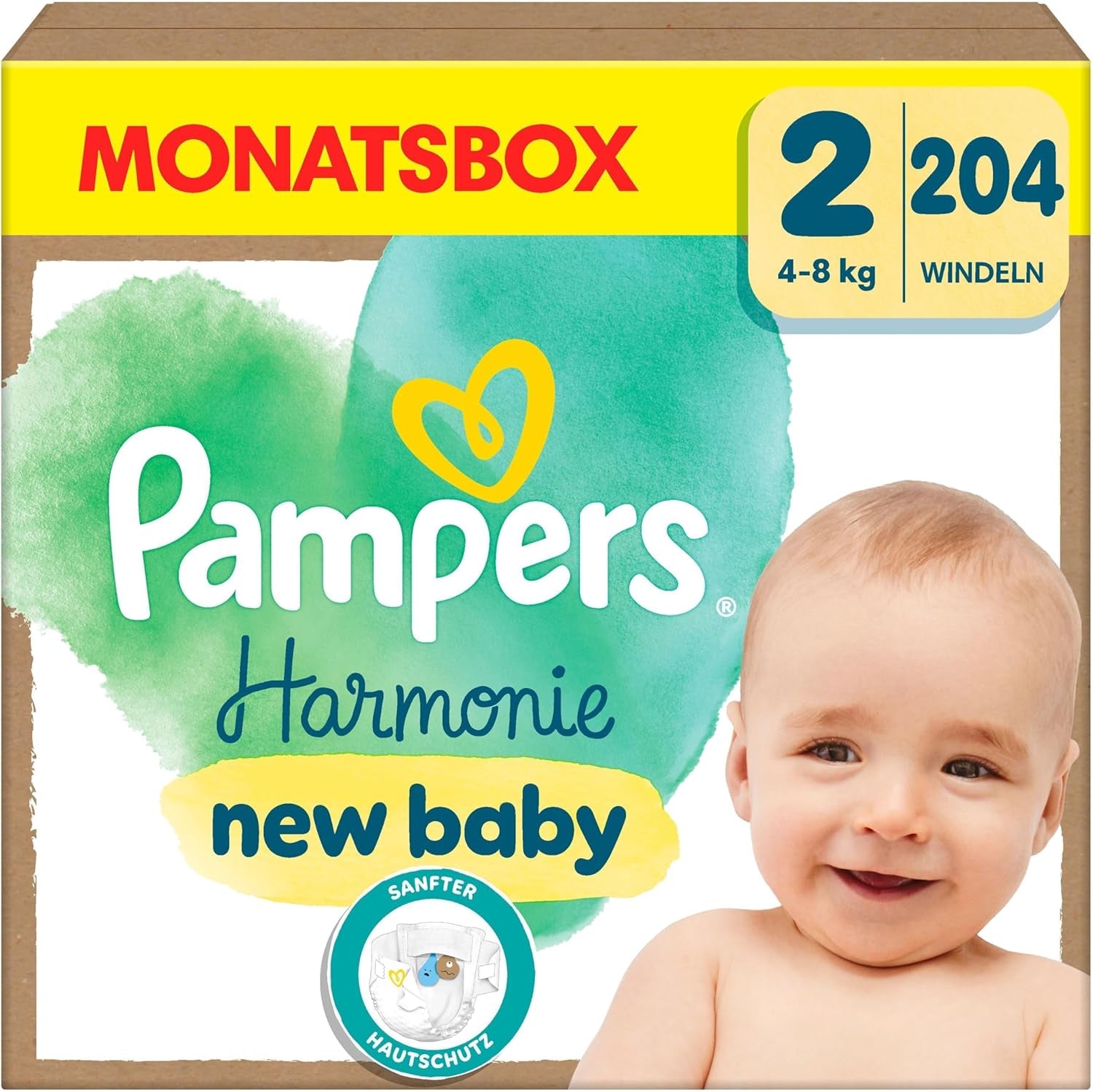Pampers Harmony luiers maat 2, 204 luiers, 4kg-8kg, zachte huidbescherming met 100% Pampers bescherming