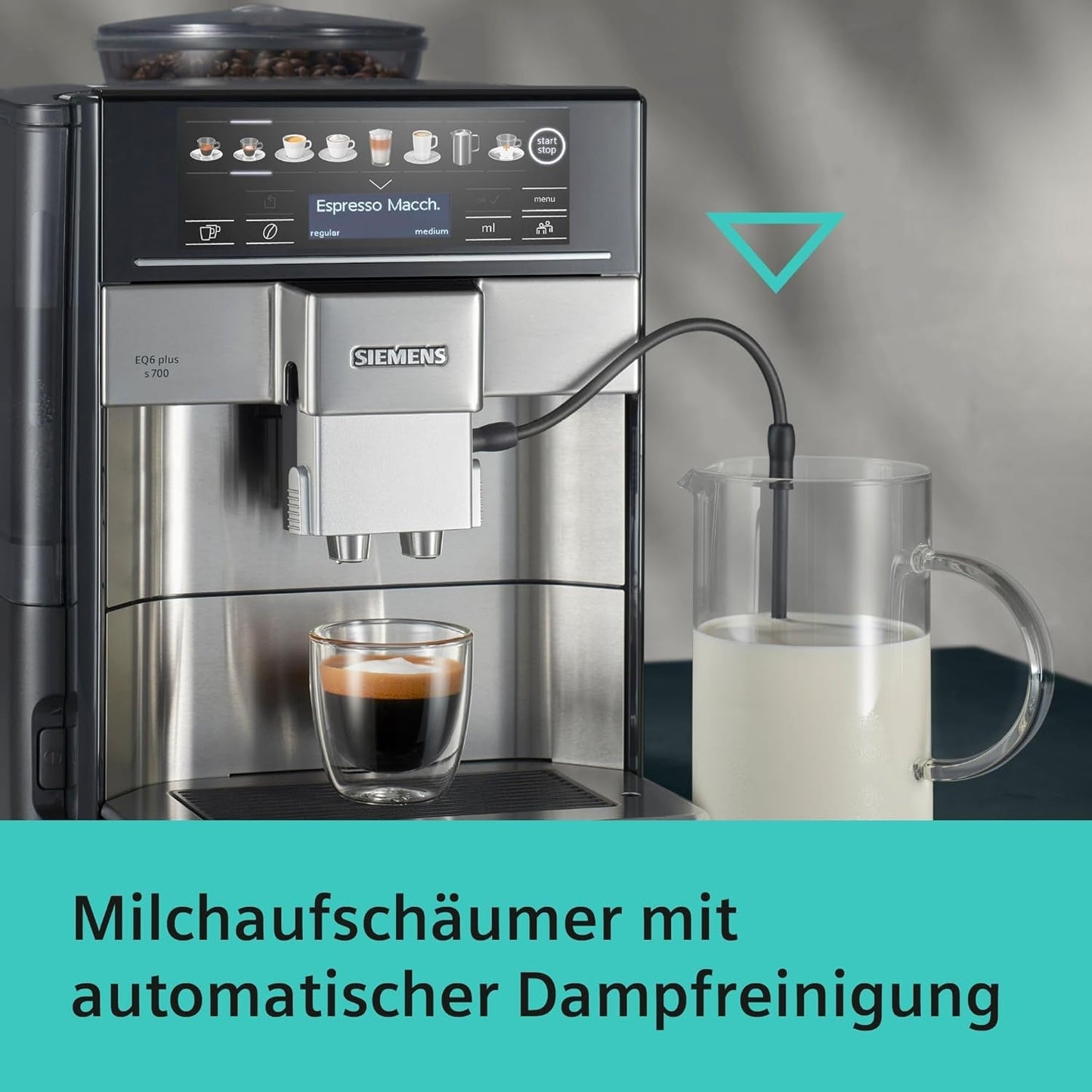 Automatische espressomachine Siemens EQ.6 plus s700 TE657503DE, voor vele koffiespecialiteiten, melkopschuimer, keramische molen, dubbele koffiefunctie, antikalk, automatische stoomreiniging, 1500 W, RVS