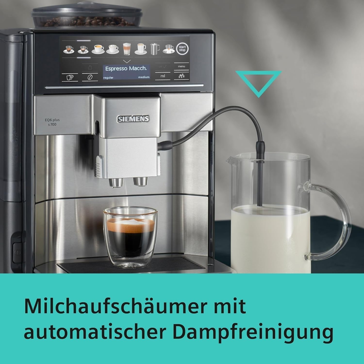 Automatische espressomachine Siemens EQ.6 plus s700 TE657503DE, voor vele koffiespecialiteiten, melkopschuimer, keramische molen, dubbele koffiefunctie, antikalk, automatische stoomreiniging, 1500 W, RVS