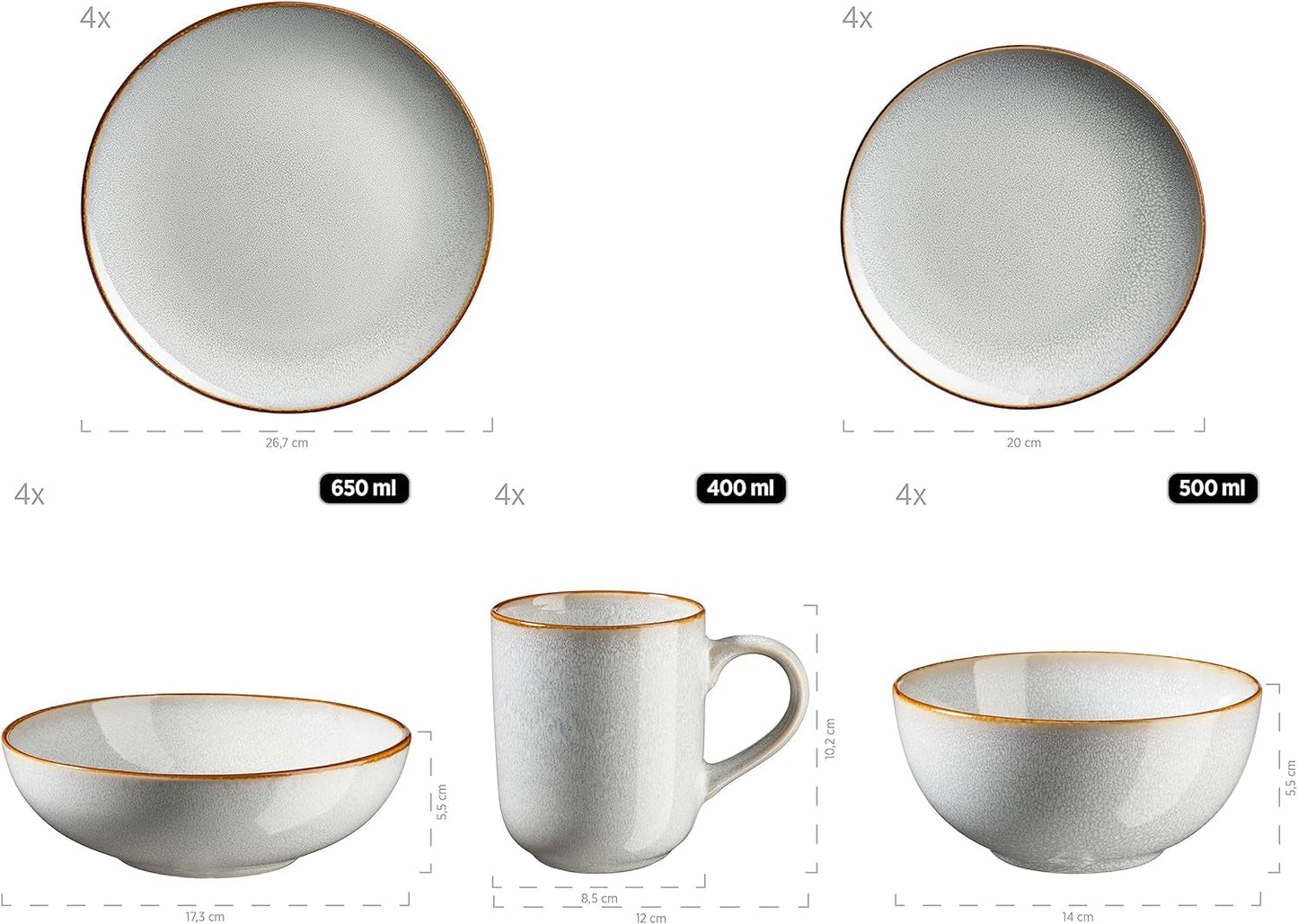 MÄSER Mabella, Vintage servies voor 4 personen, 20-delig combiservies met verfijnd reactief glazuur en fijne bruine rand, Steengoed, Grijs-Beige