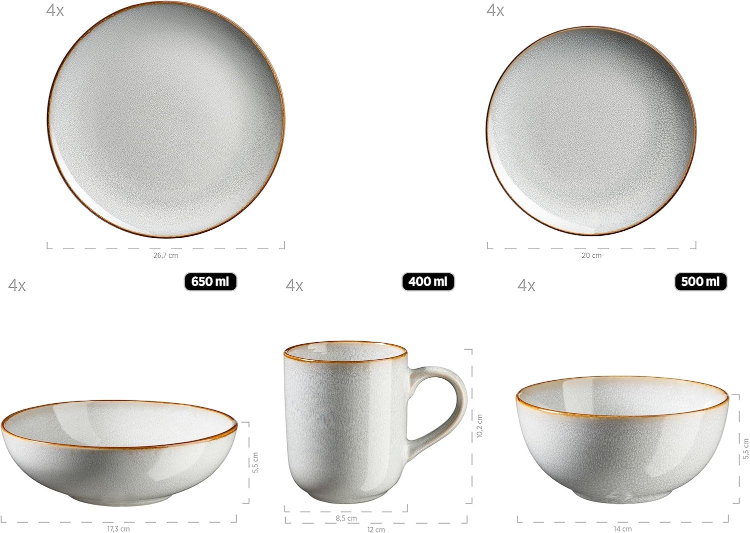 MÄSER Mabella, Vintage servies voor 4 personen, 20-delig combiservies met verfijnd reactief glazuur en fijne bruine rand, Steengoed, Grijs-Beige