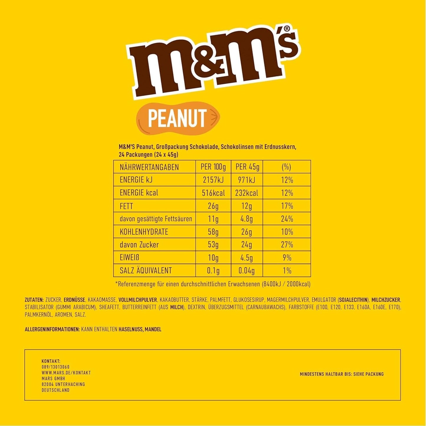 M&M's Pinda Chocolade Bulkverpakking 24 x 45g Chocolade Pinda Smaak Linzen Chocolade Cadeau (1080g) Ideaal als traktatie met voetbalthema
