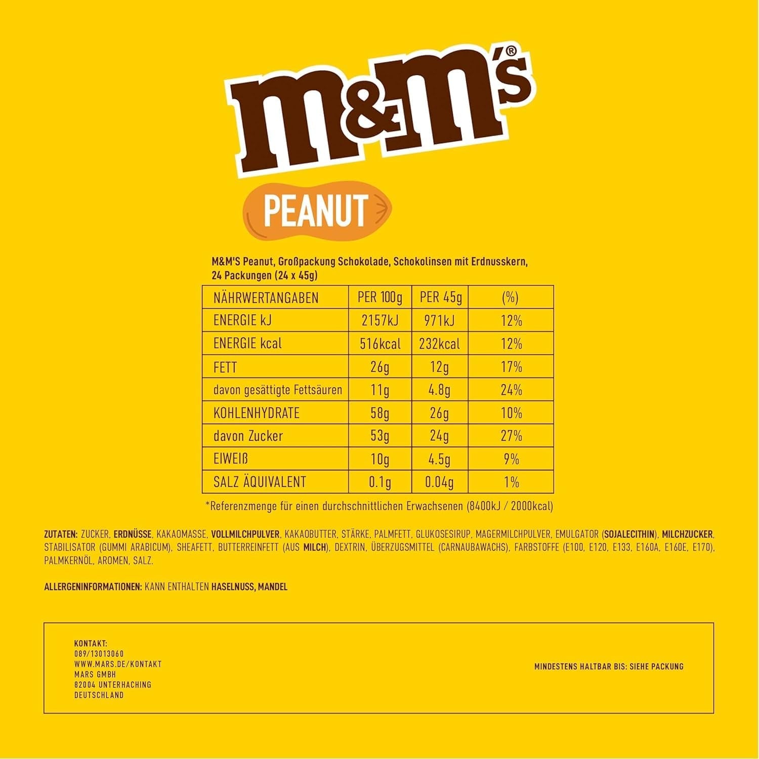 M&M's Pinda Chocolade Bulkverpakking 24 x 45g Chocolade Pinda Smaak Linzen Chocolade Cadeau (1080g) Ideaal als traktatie met voetbalthema